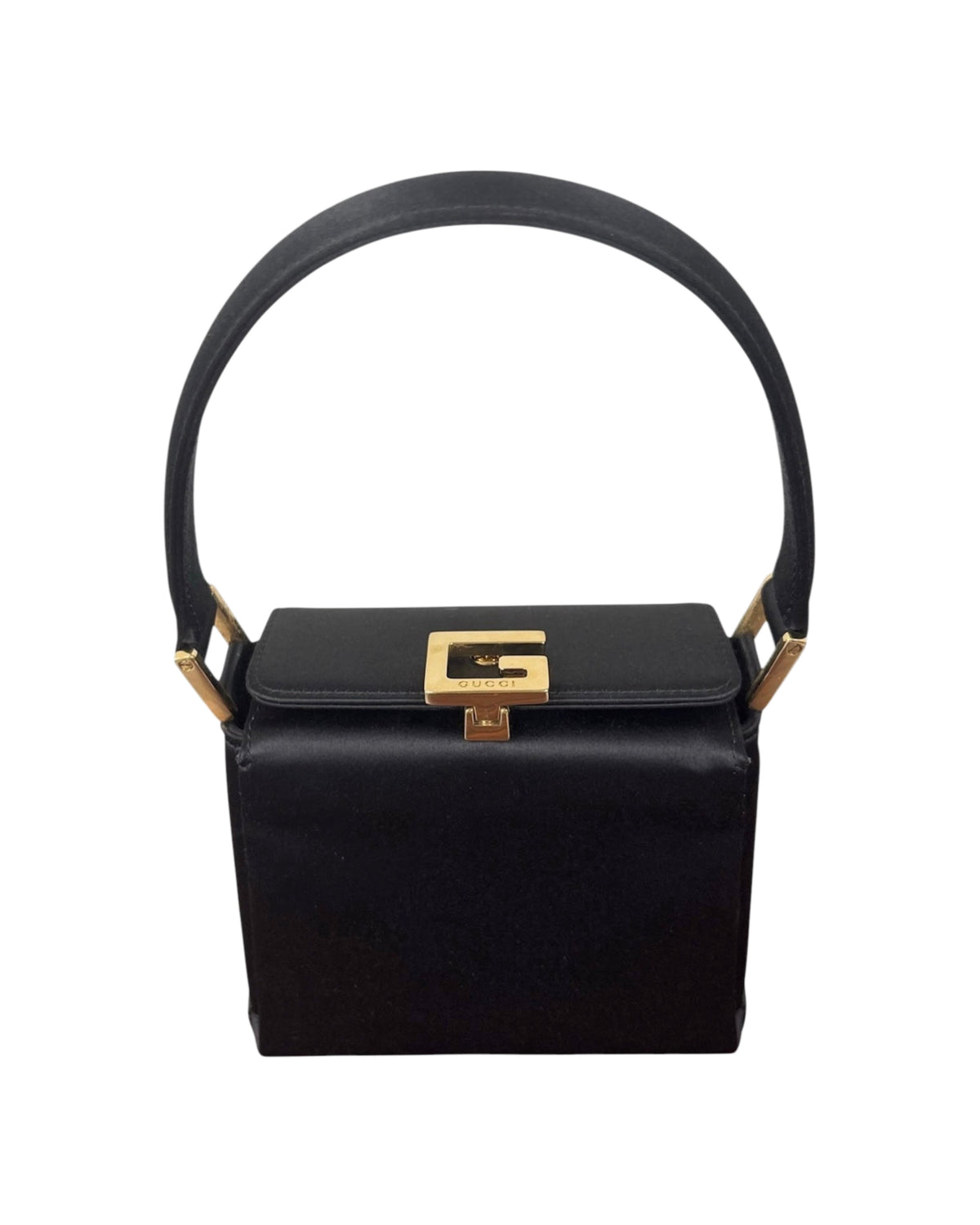 Gucci Vintage 90s Black Satin Gold Logo Mini Bento Box Evening Bag