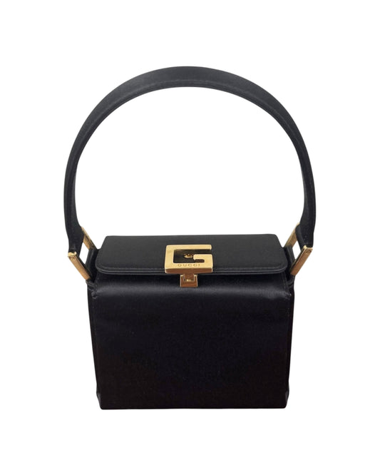 Gucci Vintage 90s Black Satin Gold Logo Mini Bento Box Evening Bag