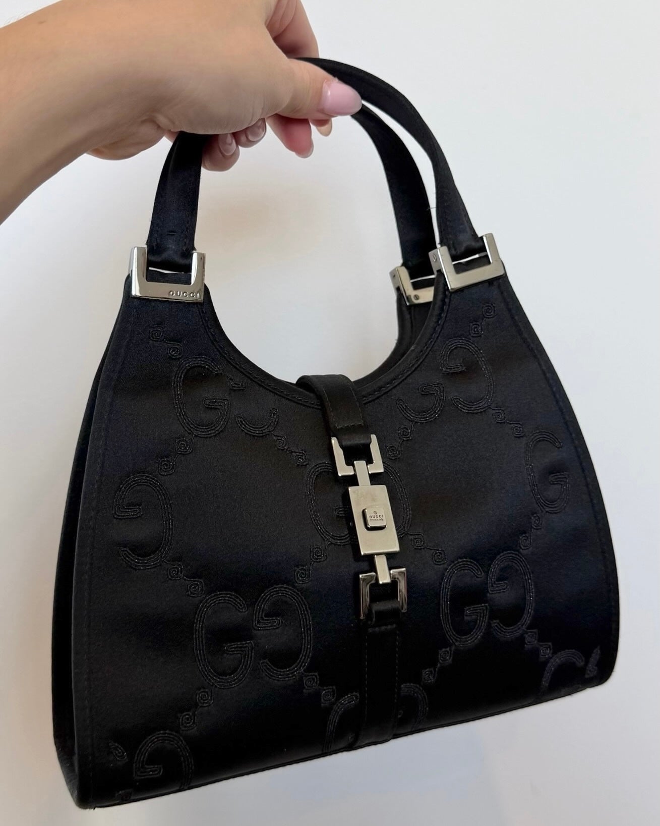 Gucci Vintage Black Satin Embroidered GG Monogram Mini Jackie Evening Bag