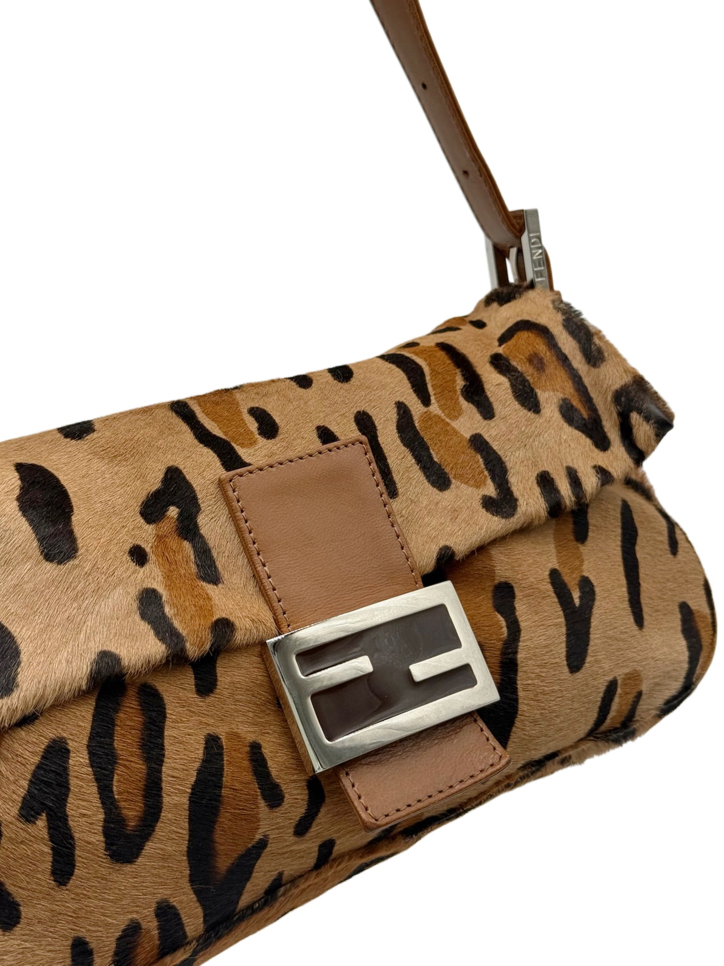 Fendi Vintage Beige Leopard Print Pony Hair Shoulder Baguette Bag