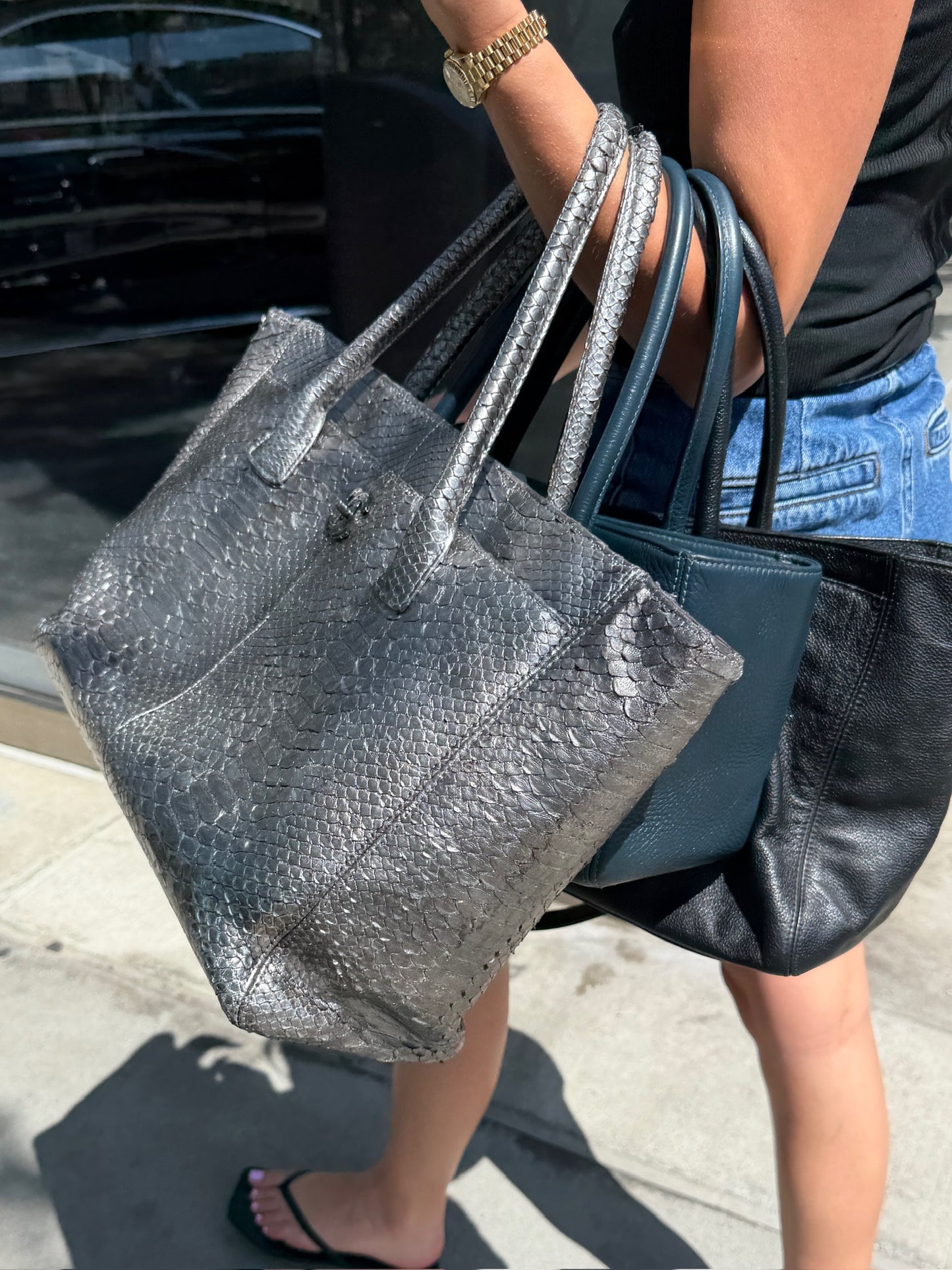 Chanel Vintage 00s Metallic Silver Python XL Cerf Executive Shoulder Tote Bag