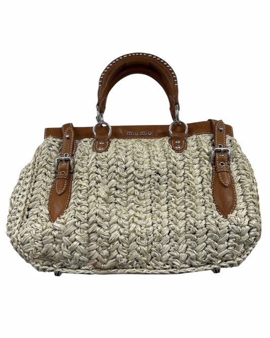 Miu Miu Vintage Beige Woven Raffia Brown Leather Trim Two-Way Shoulder Bag