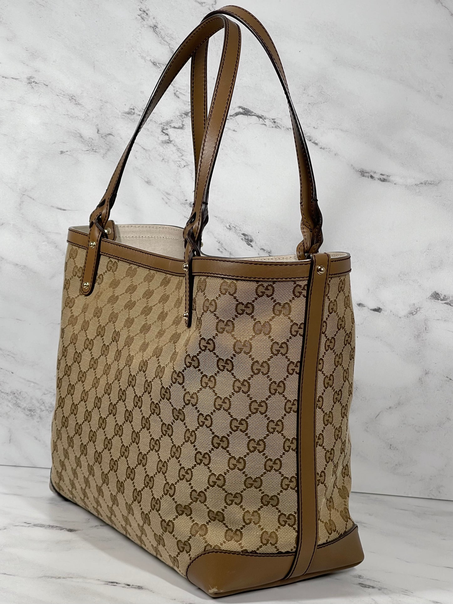 Gucci Brown GG Monogram Canvas & Leather Shoulder Tote Bag w Pouch