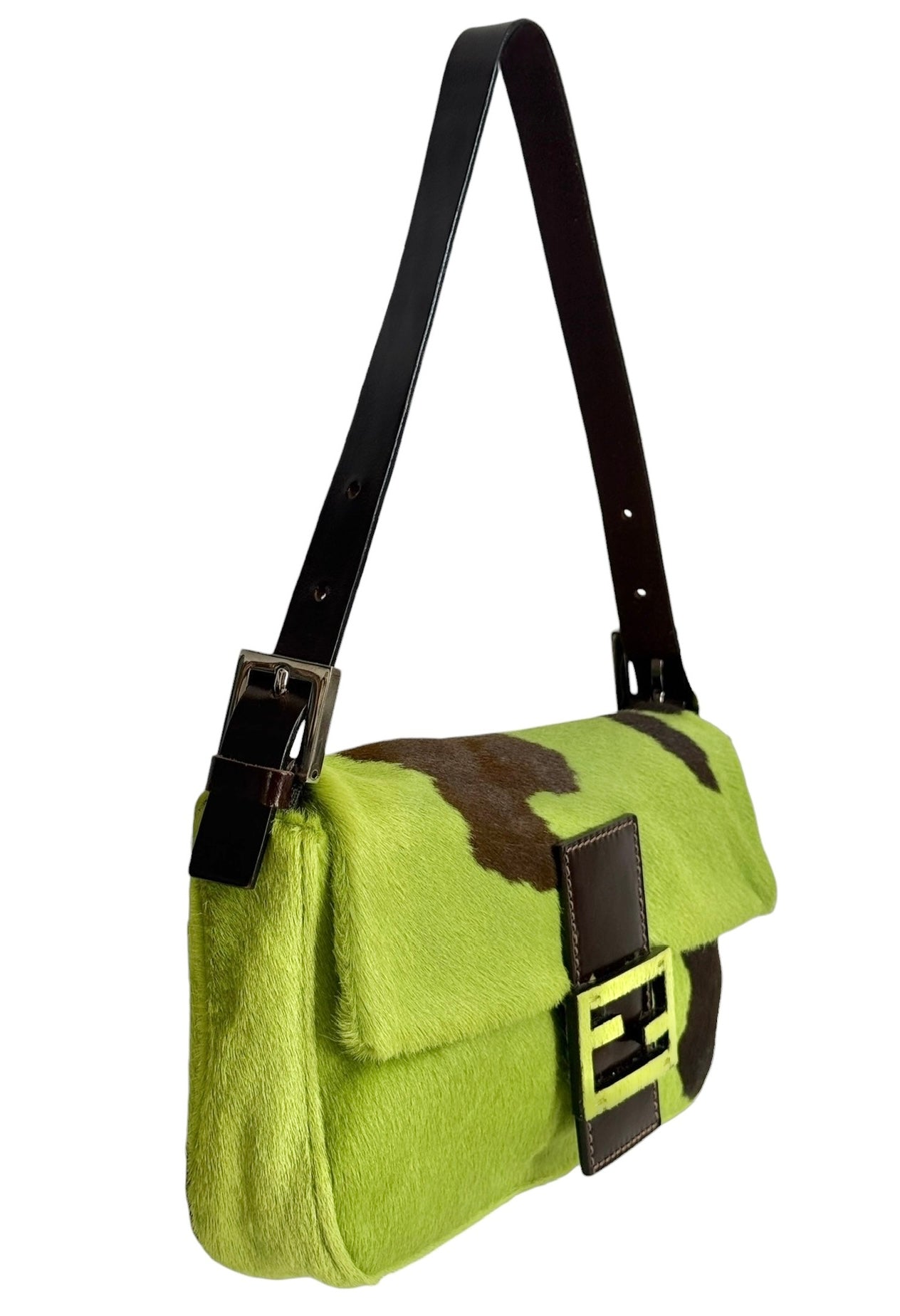Fendi Vintage Green Cow Print Pony Hair Shoulder Baguette Bag