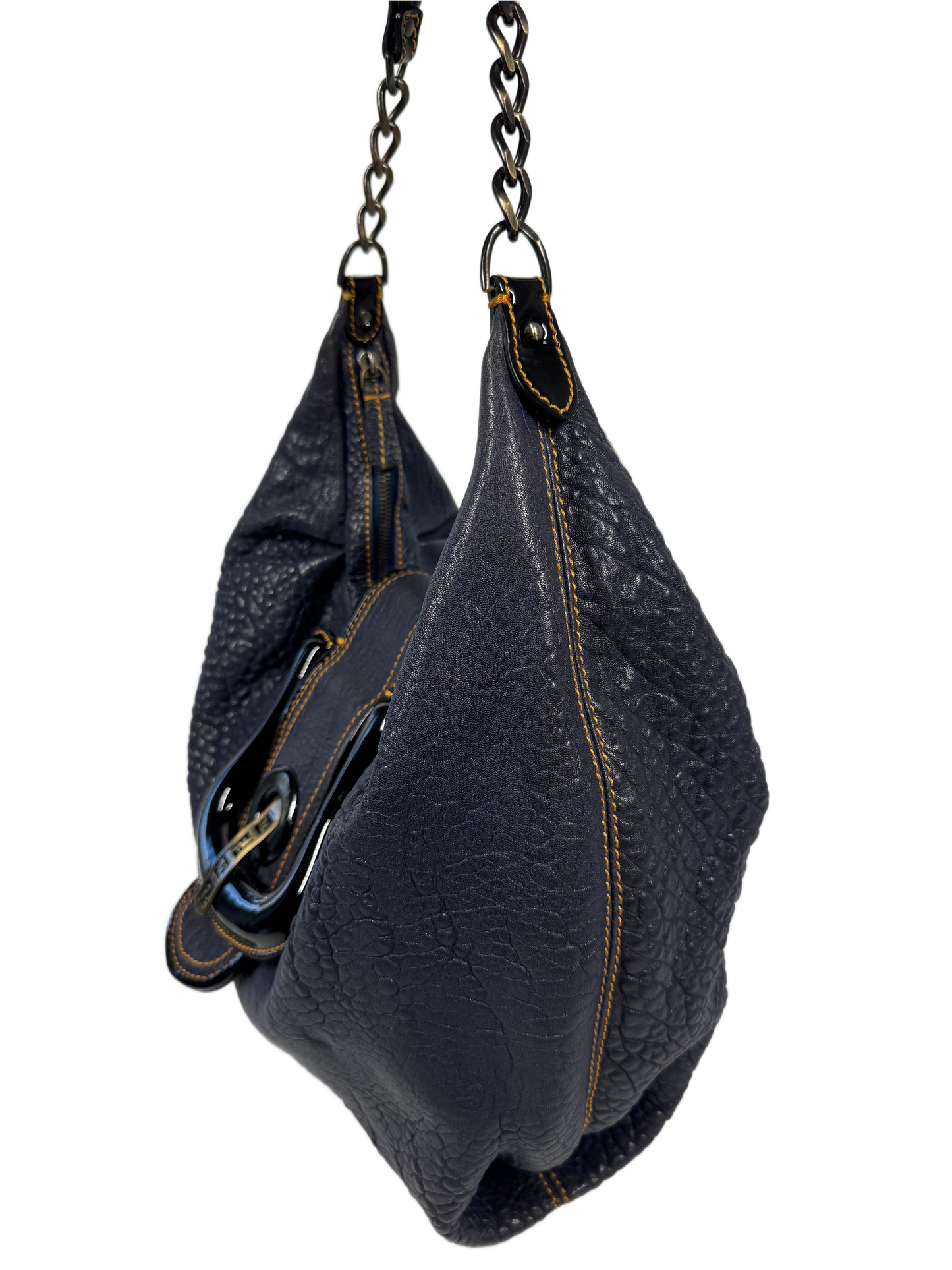 Fendi Vintage Navy Blue Leather & Black Patent Logo Buckle Large Hobo Shoulder Bag