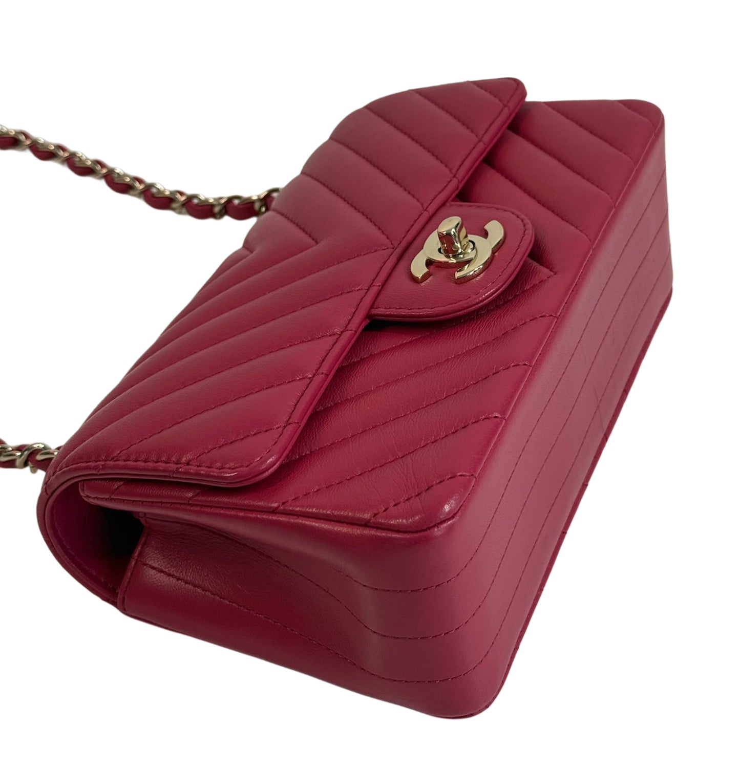 Chanel 2019 Fuchsia Pink Chevron Lambskin Mini Rectangular Classic Flap Crossbody Bag