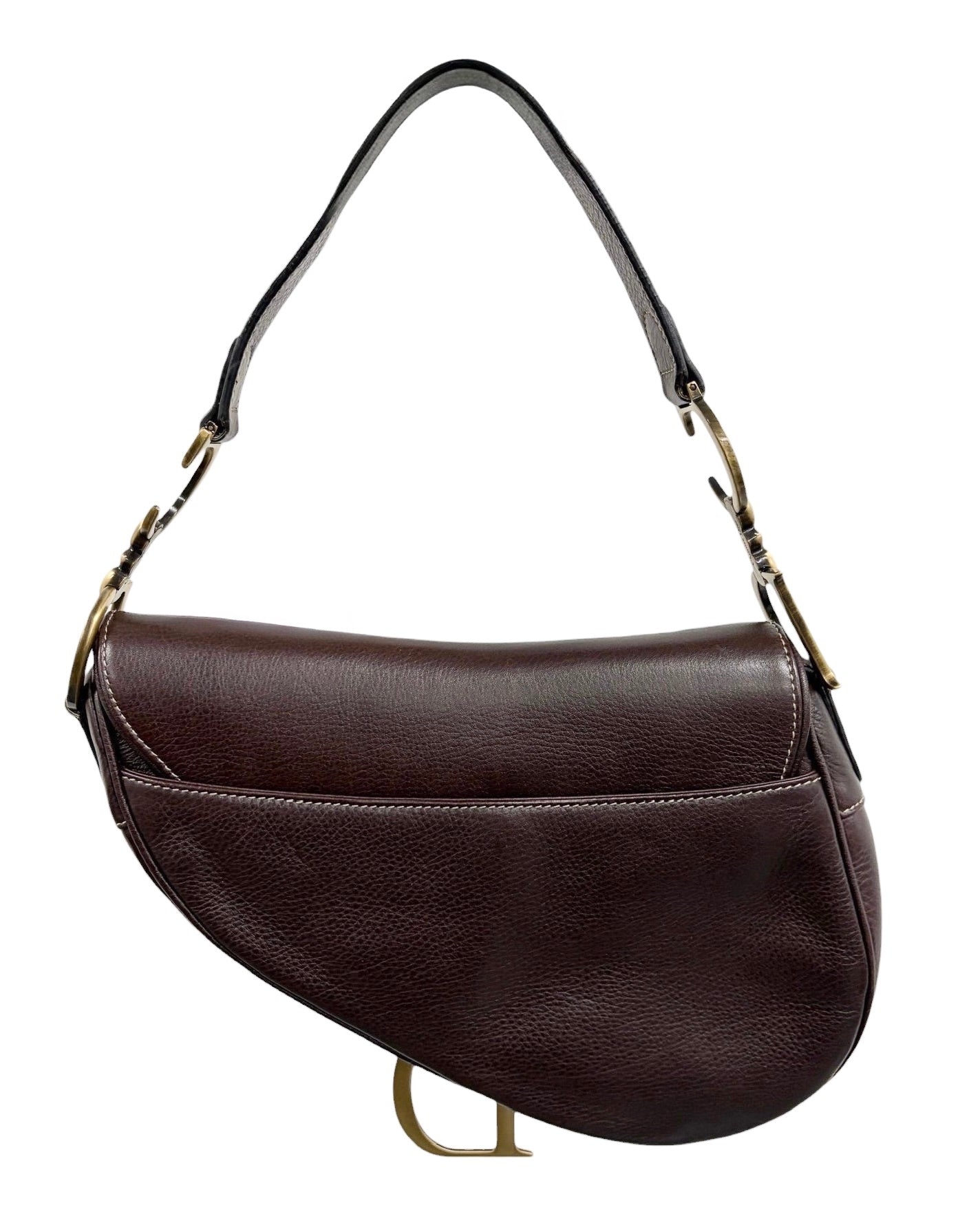Dior Vintage 2002 Brown Grained Calfskin Leather Medium Saddle Shoulder Bag