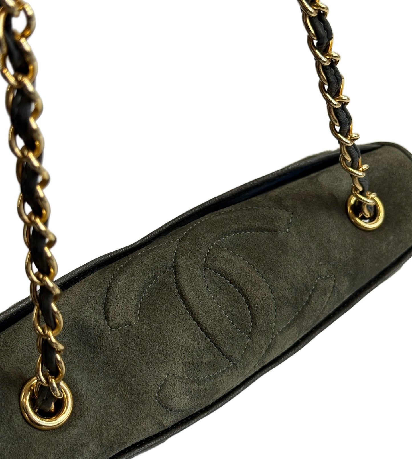 Chanel Vintage Green Quilted Quilted Suede CC Logo Full Flap Shoulder Bag w 24K GPHW