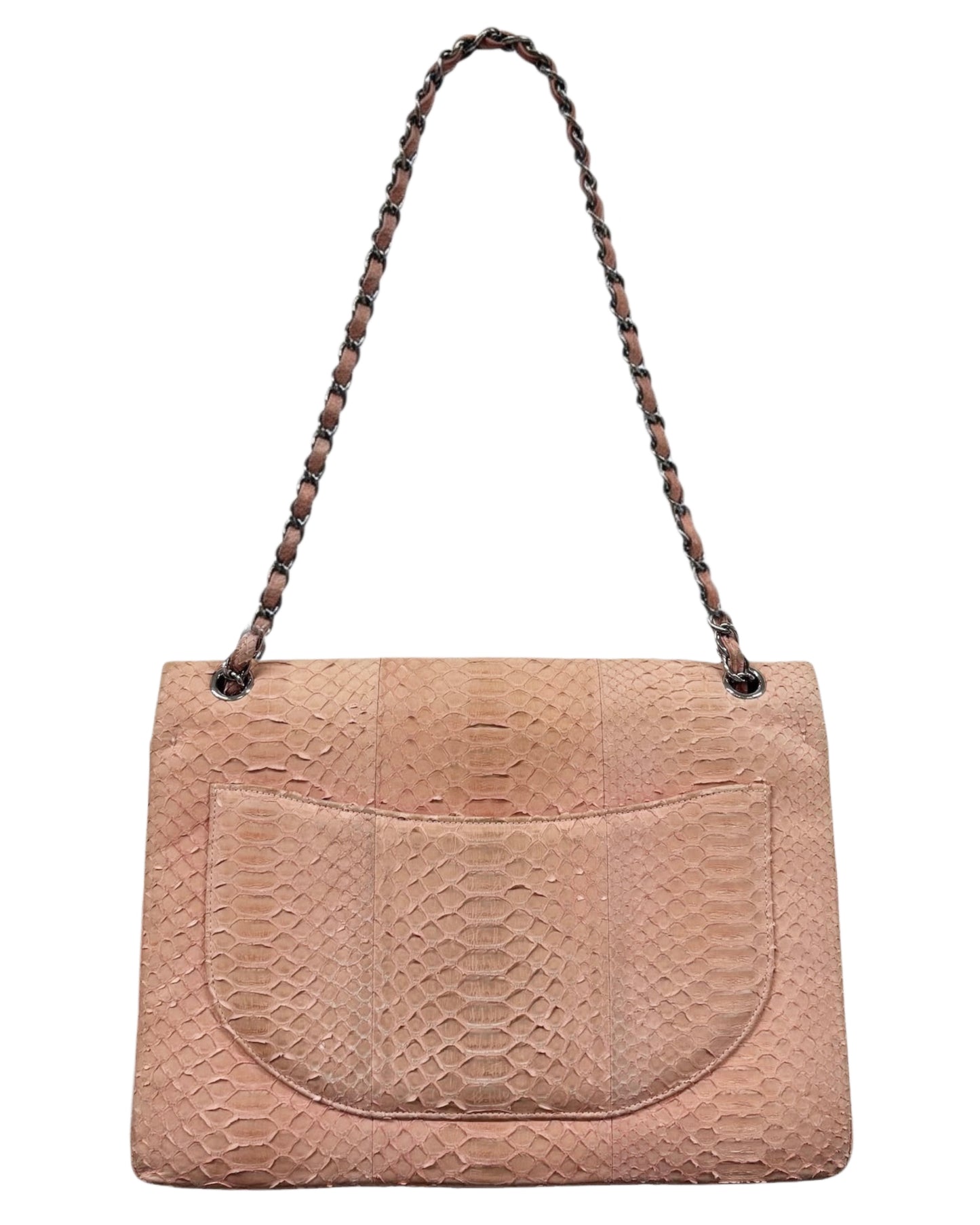 Chanel 2011 Rose Pink Python Classic Jumbo Double Flap Bag with Silver Hardware