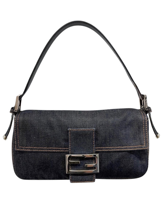 Fendi Vintage Blue Denim Classic Shoulder Baguette Bag