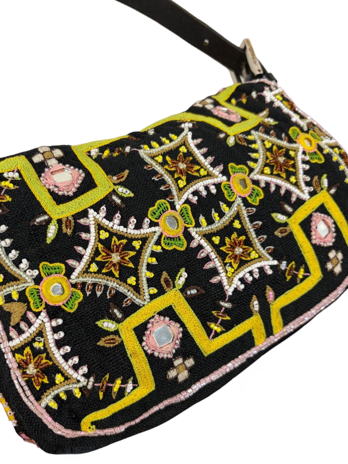 Fendi Vintage Late 90s Black Knit Embroidered Pink Beaded Green Fringe Embellished Shoulder Baguette Bag