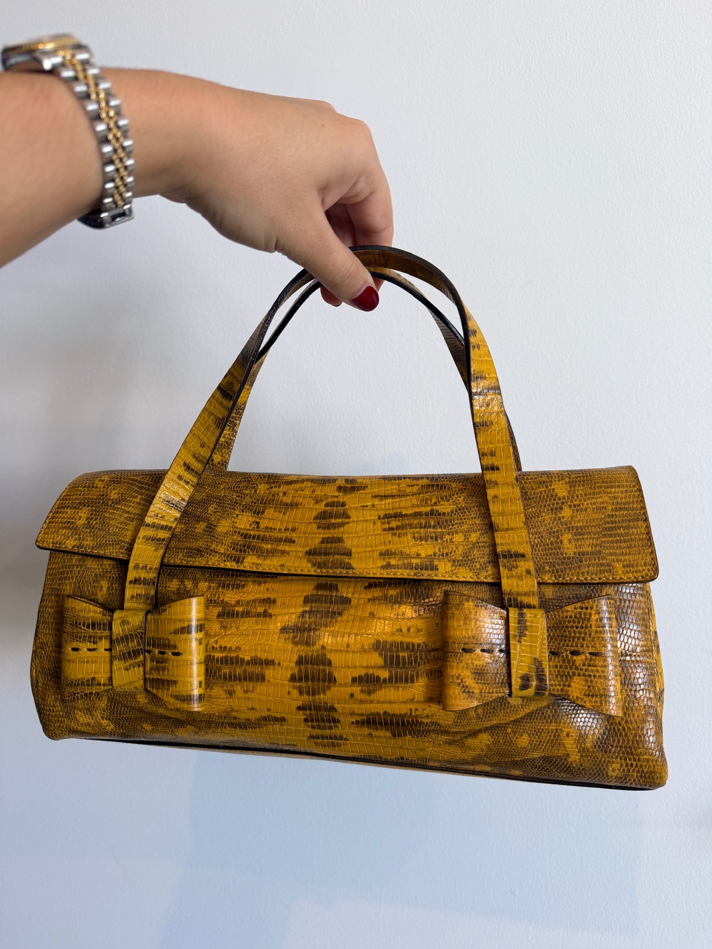 Miu Miu Vintage S/S 2000 Yellow Embossed Lizard Leather Bow Pochette Clutch Bag 