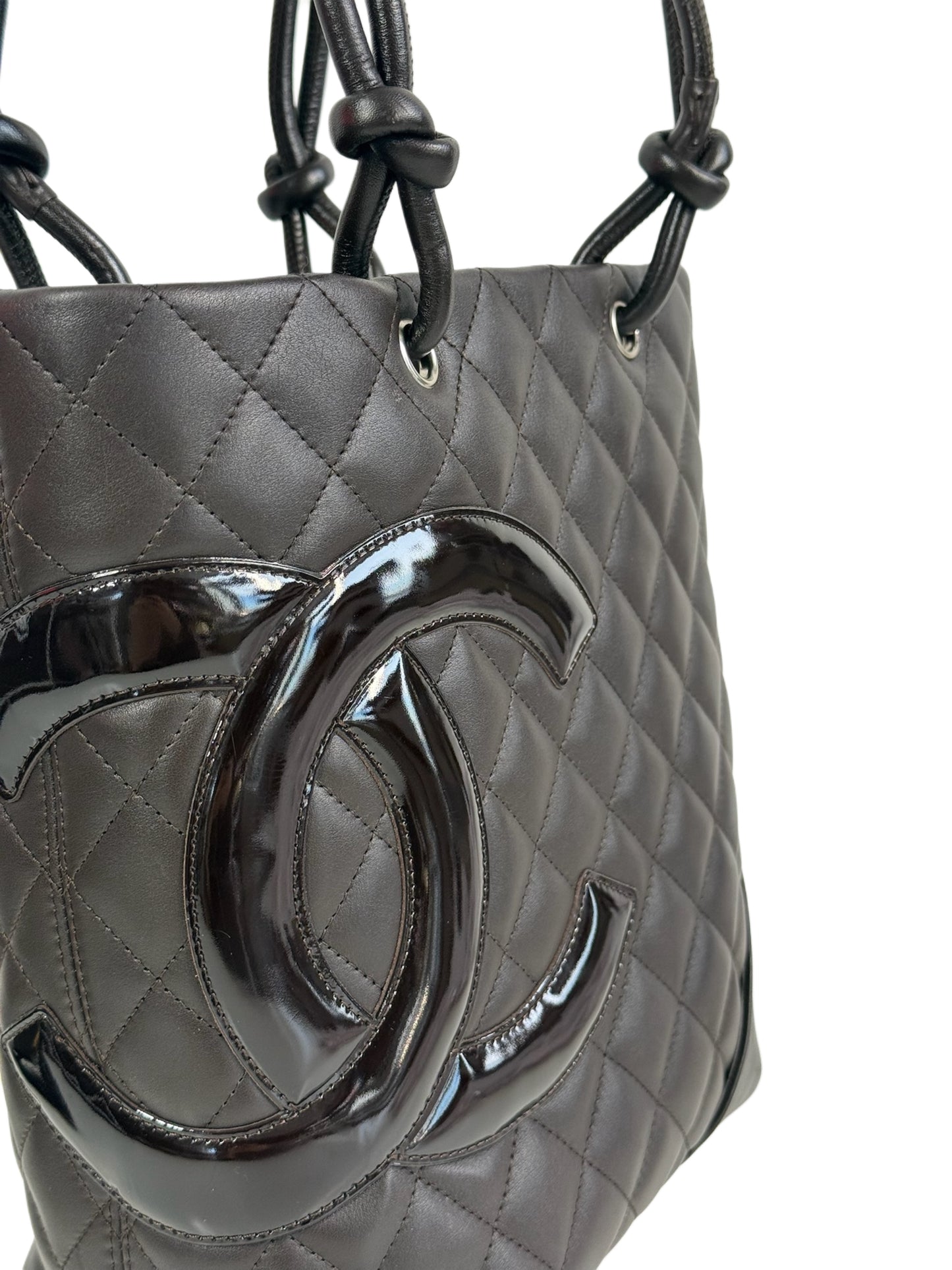 Chanel Vintage 00s Dark Brown Quilted Lambskin Patent Leather CC Cambon Small Shoulder Tote Bag