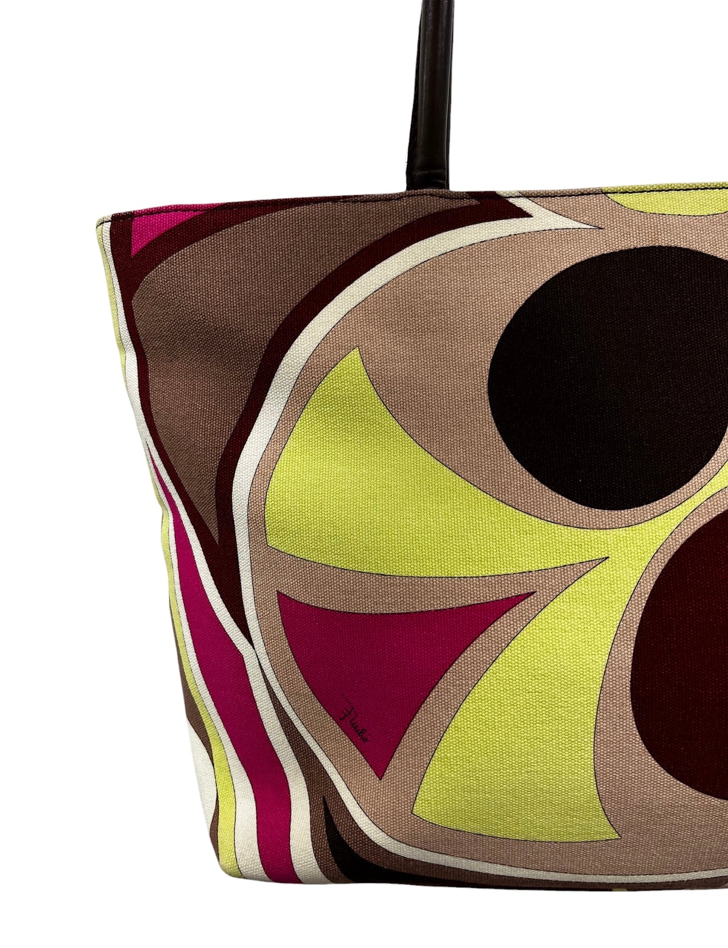 Emilio Pucci Vintage Fuchsia Green Burgundy Canvas and Leather Small Shoulder Tote Bag