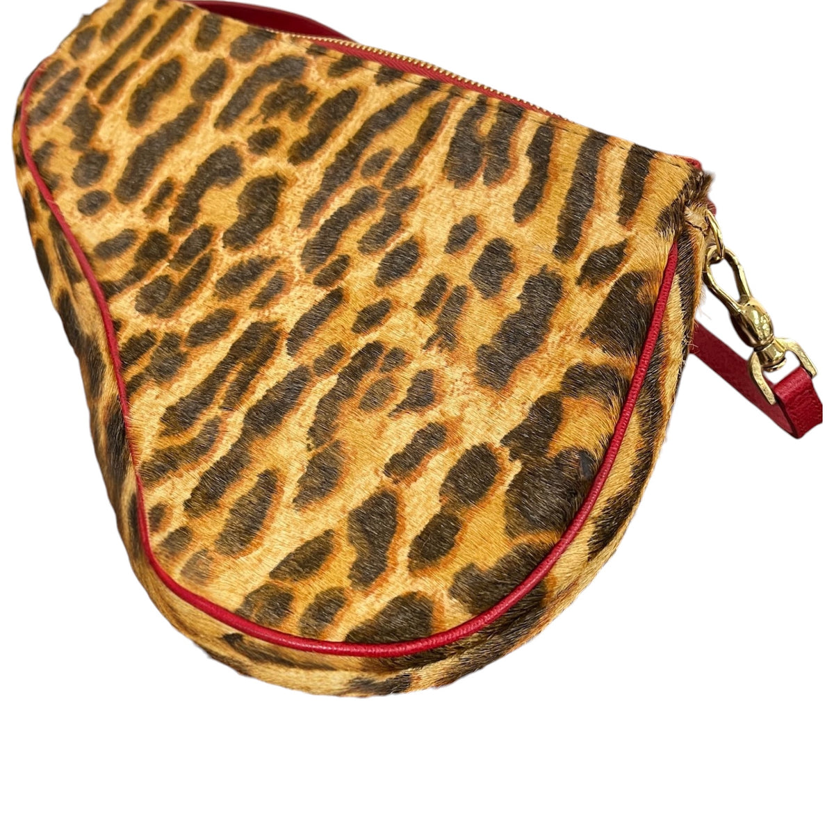 Dior Vintage 2004 Leopard Print Pony Hair Red Trim Mini Saddle Pochette Shoulder Bag
