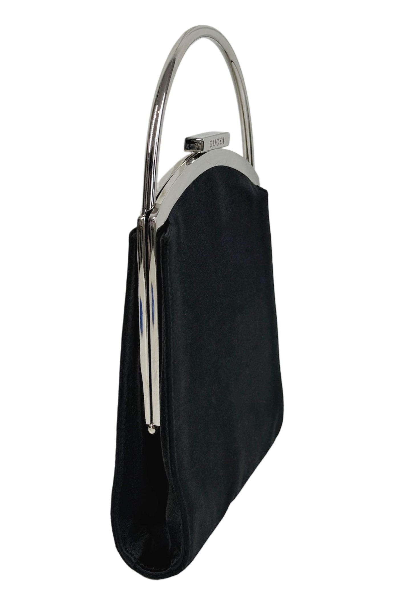 Gucci Vintage Tom Ford Era Black Satin Mini Metal Top Handle Kelly Style Evening Clutch Bag