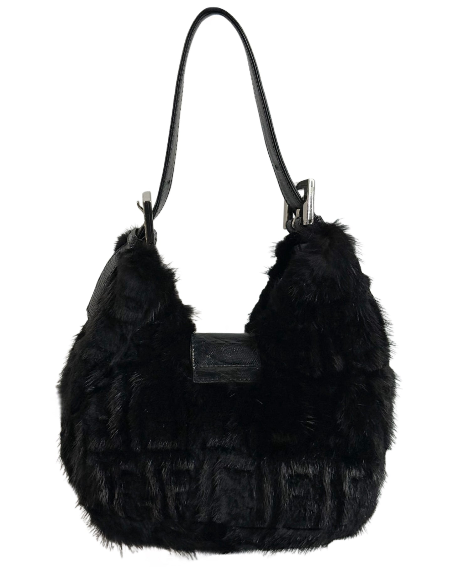 Fendi Vintage Black Zucca Mink Fur Crystal Logo Lizard Trim Shoulder Hobo Mini Baguette Bag