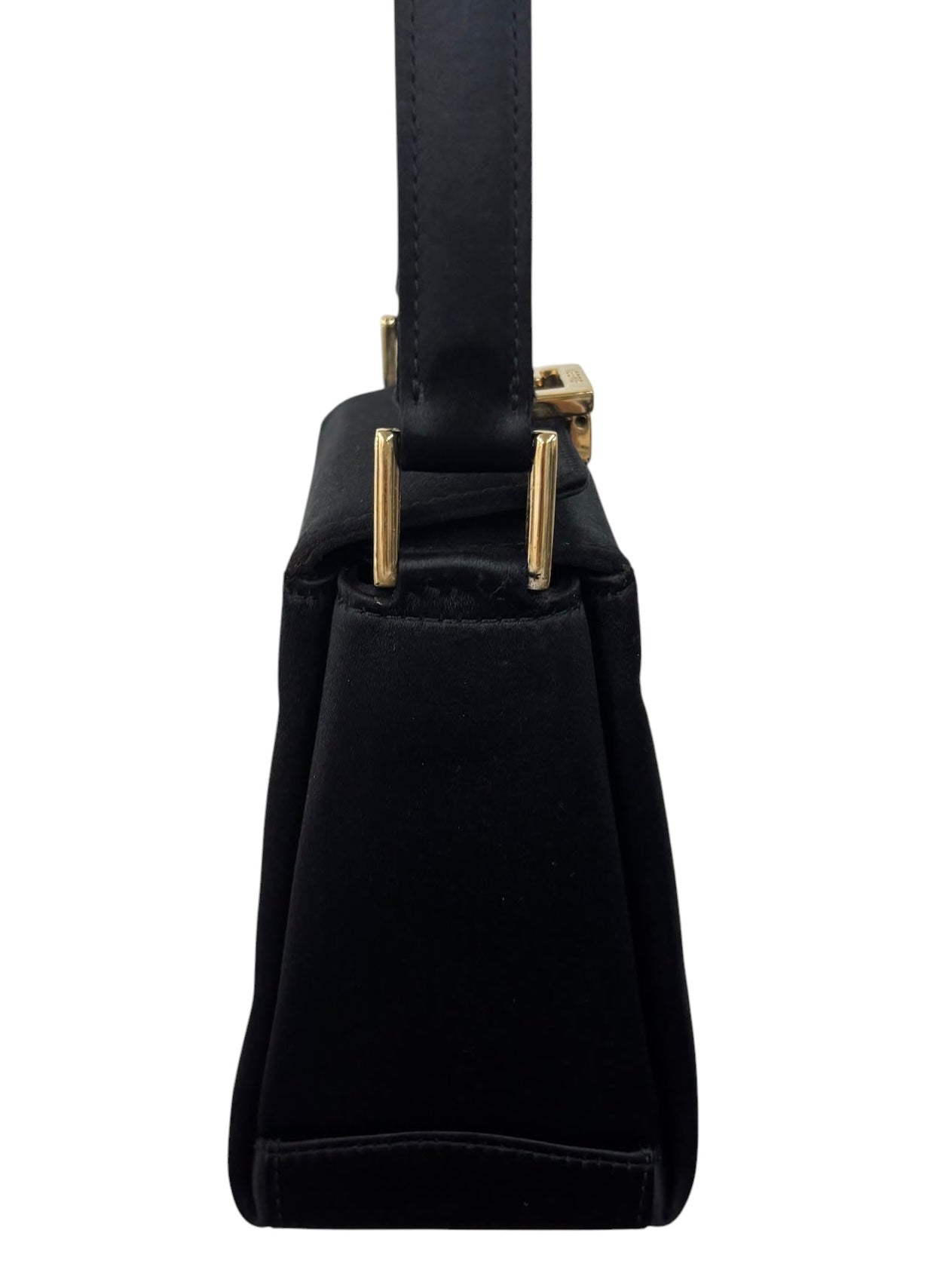 Gucci Vintage 90s Black Satin Gold Logo Mini Bento Box Evening Bag