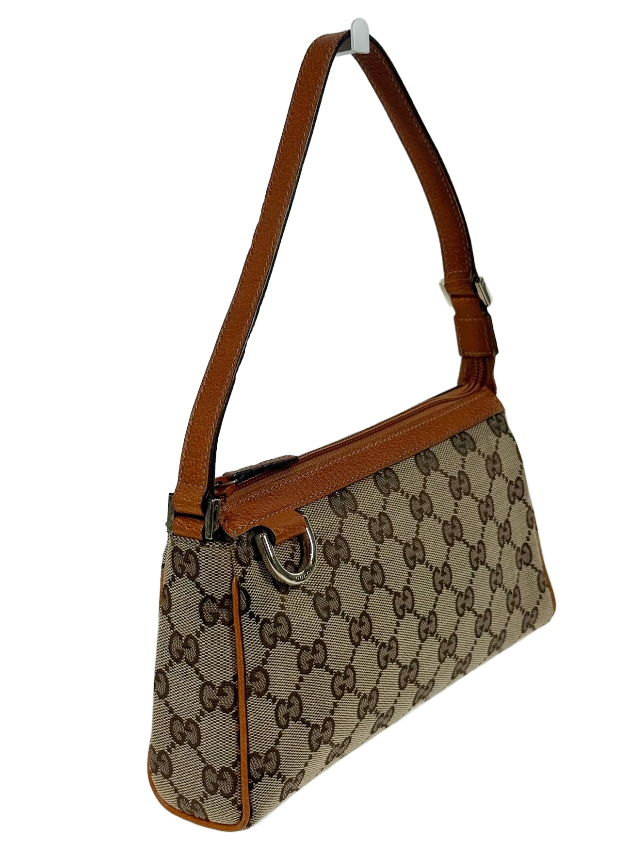 Gucci Vintage Brown GG Monogram Orange Leather Trim Abbey Pochette