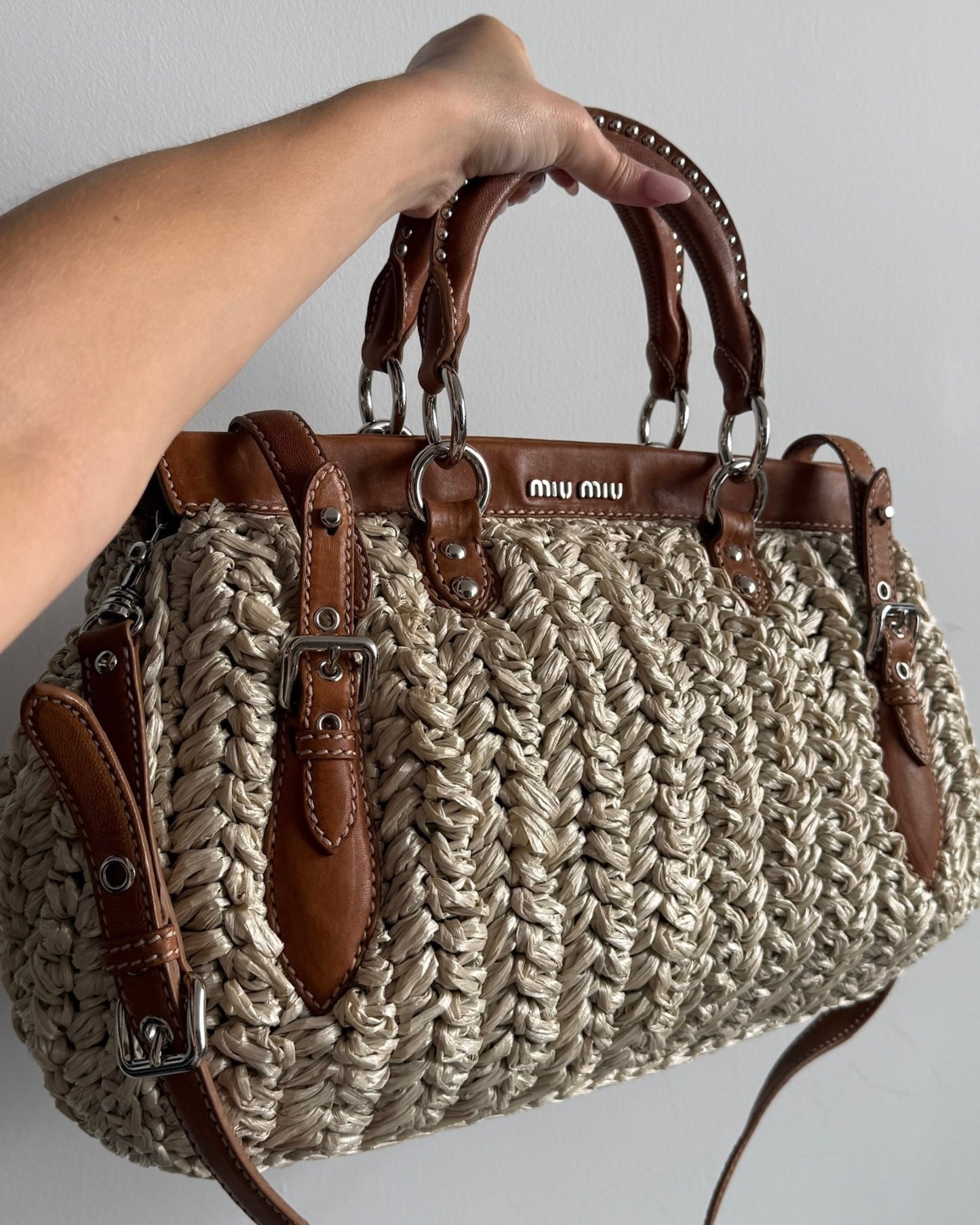 Miu Miu Vintage Beige Woven Raffia Brown Leather Trim Two-Way Shoulder Bag