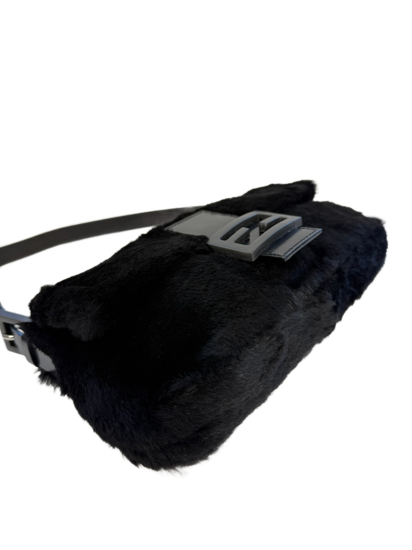 Fendi Vintage Black Rabbit Fur Shoulder Baguette Bag