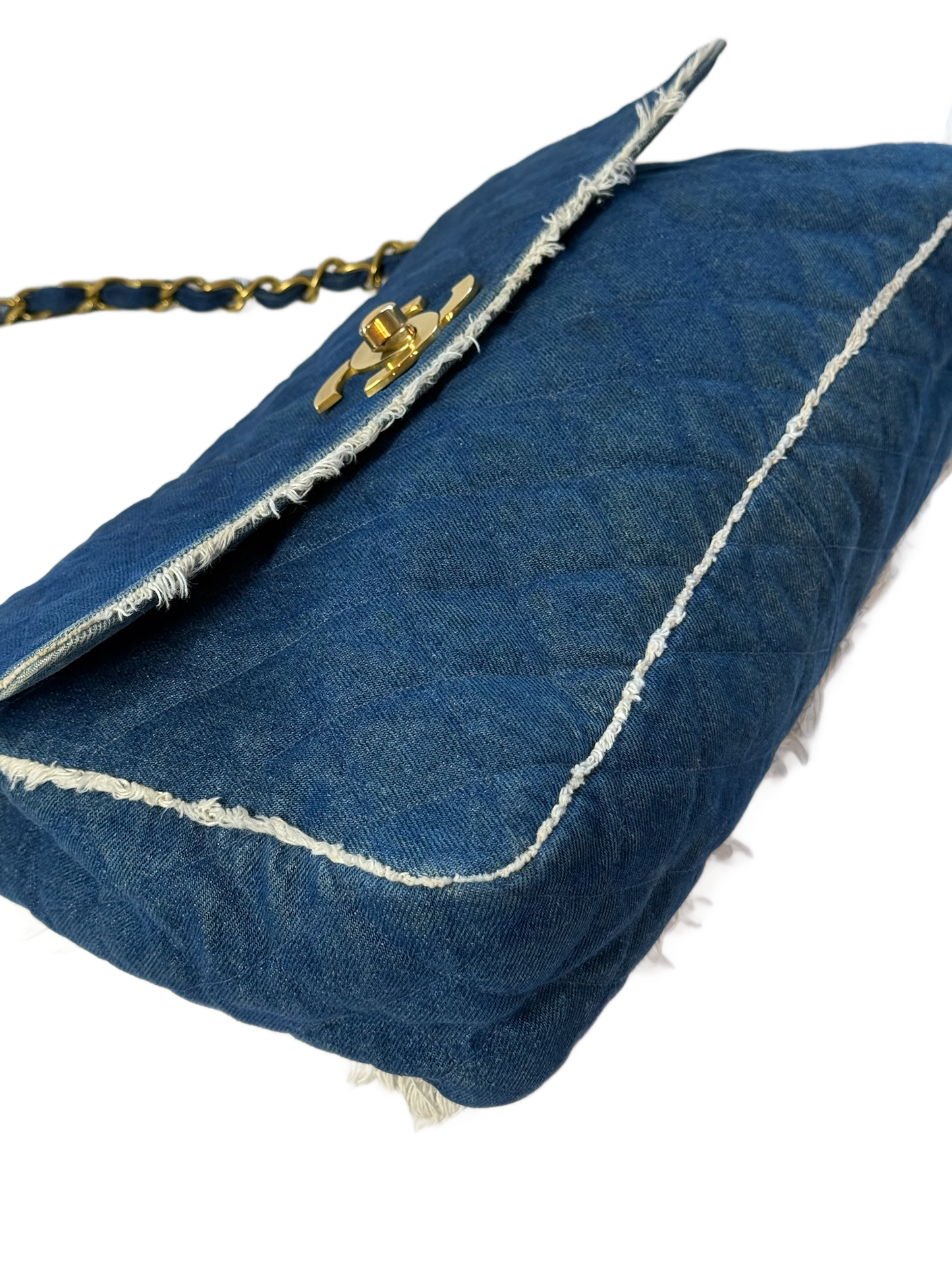 Chanel Vintage Blue Quilted Denim Fringe Maxi Crossbody Shoulder Flap Bag w 24K Gold Plated Hardware