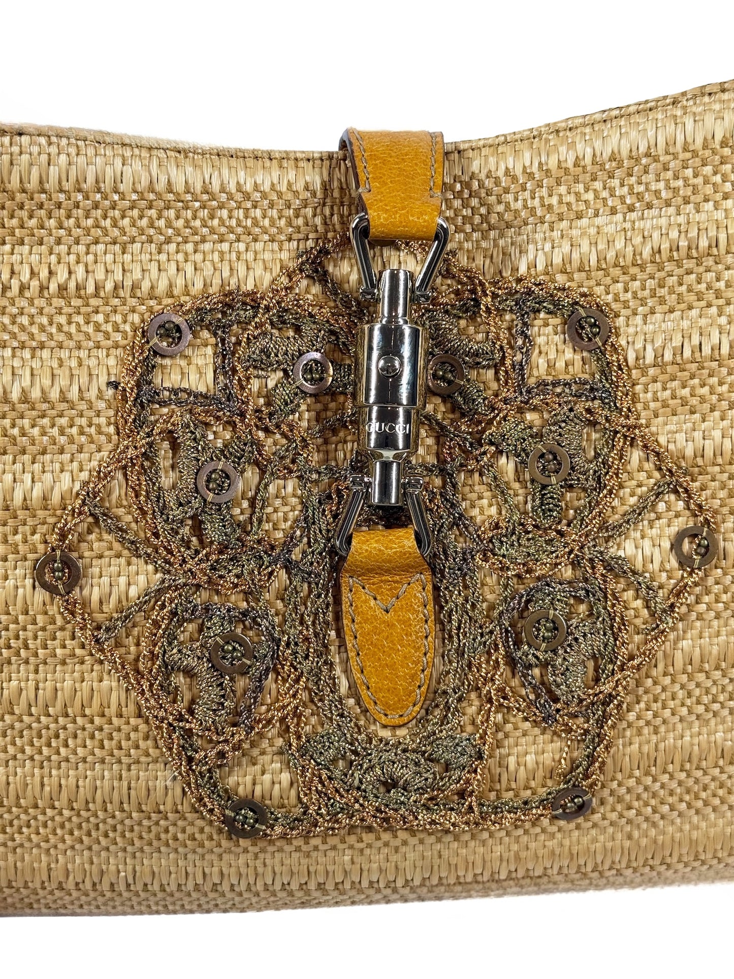 Gucci Vintage Embroidered Sequin Raffia Jackie Shoulder Bag w Gold Leather Trim