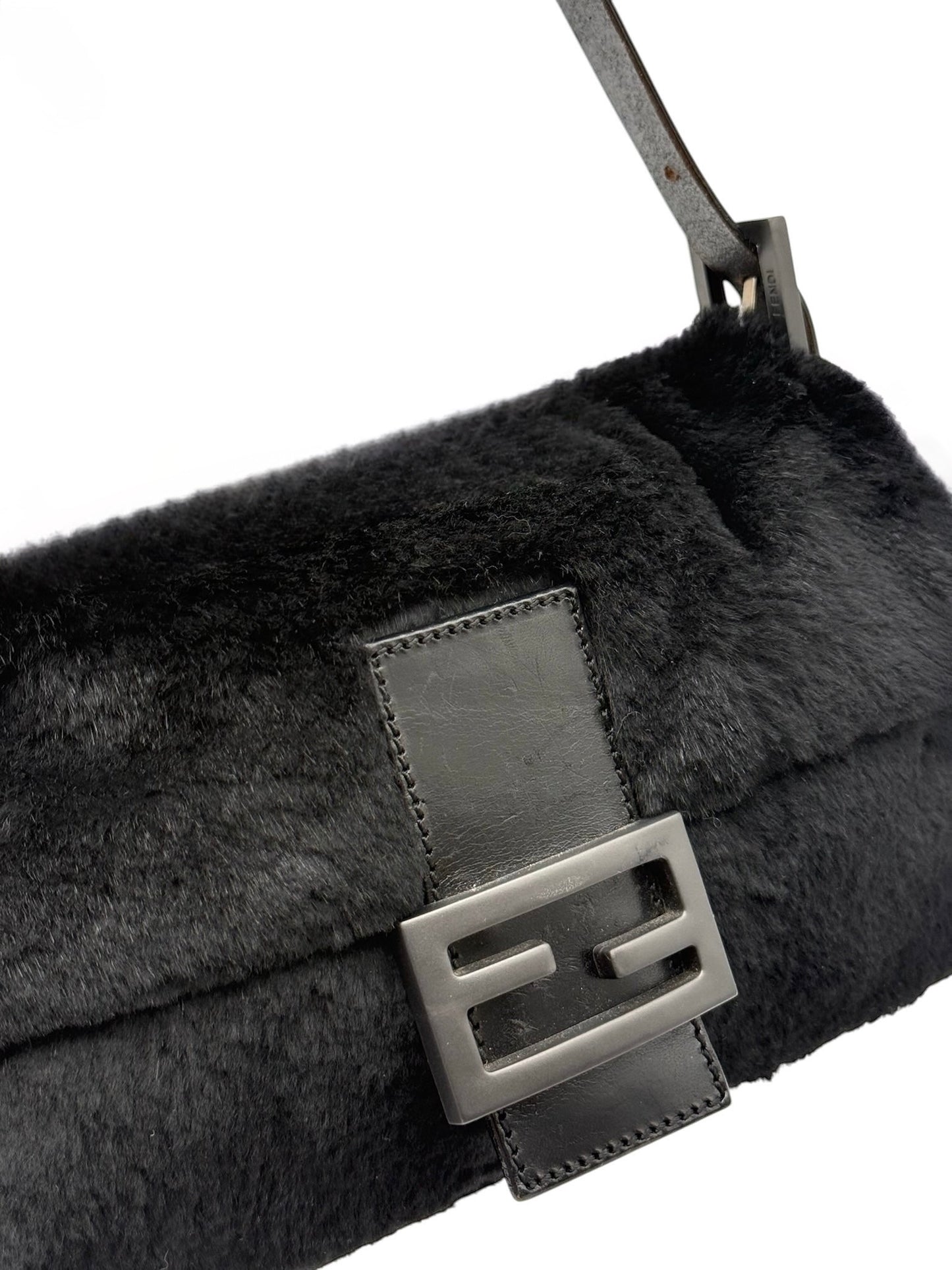 Fendi Vintage Black Rabbit Fur Shoulder Baguette Bag
