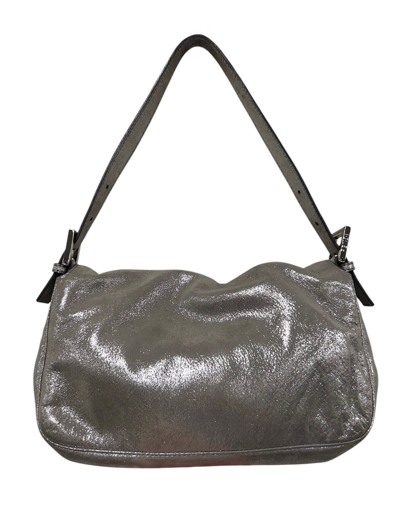 Fendi Vintage Metallic Silver Leather Crystal Logo Shoulder Baguette Bag