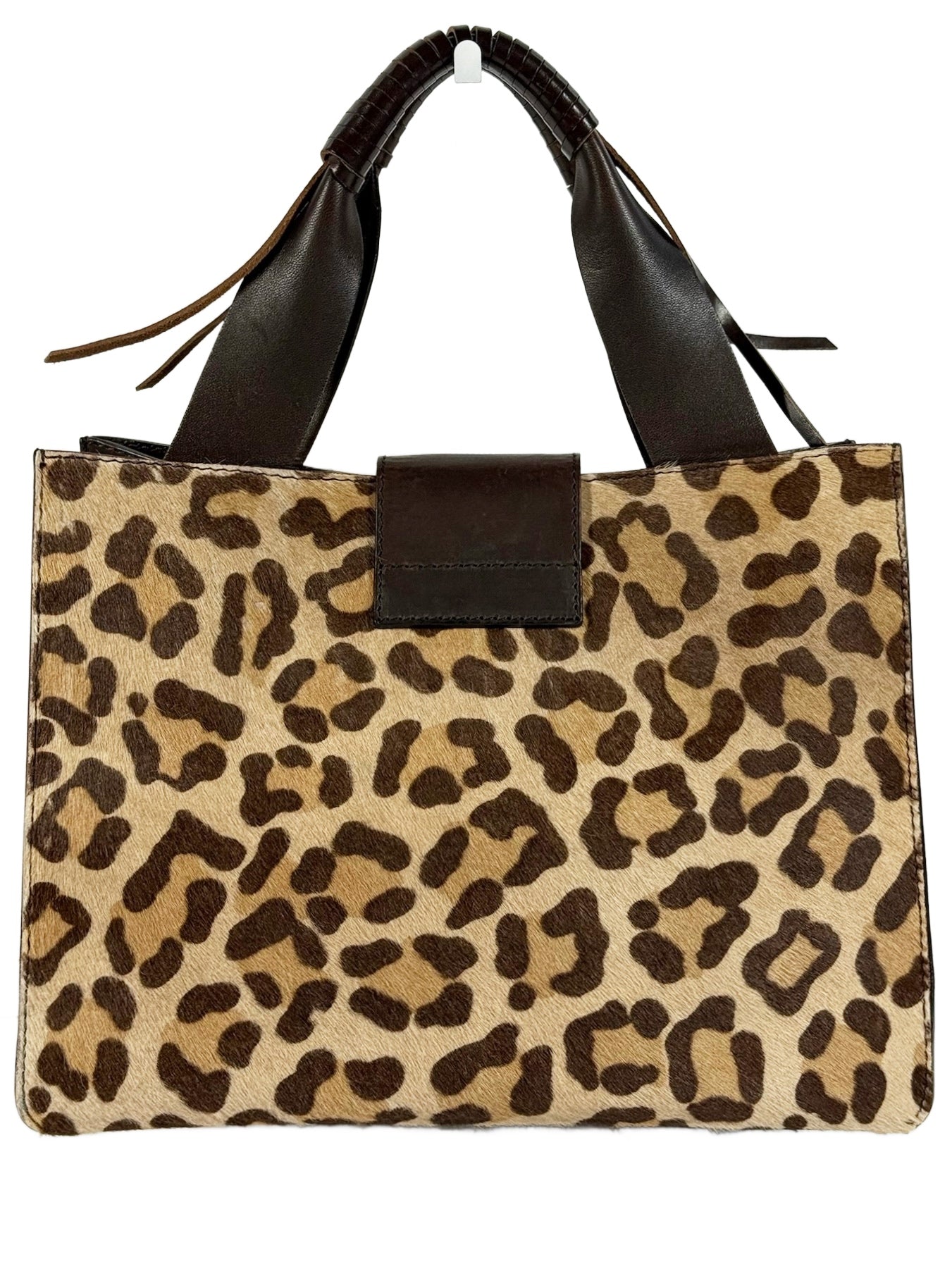 Dolce & Gabbana Leopard Print Pony Hair Brown Leather Trim Small Top Handle Bag