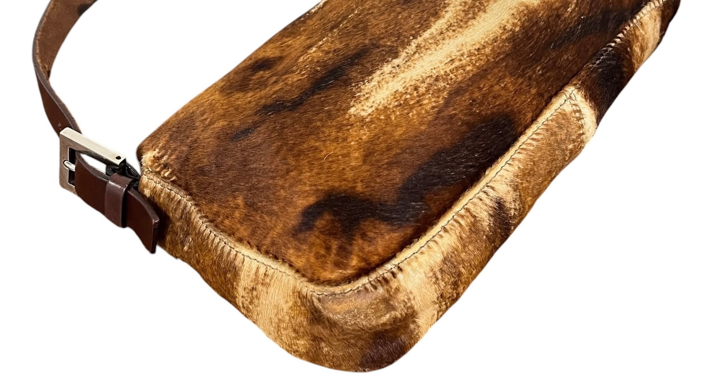 Fendi Vintage Brown Animal Print Pony Hair Shoulder Baguette Bag