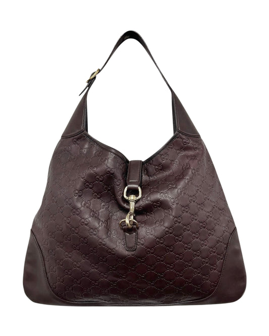 Gucci Vintage Dark Brown GG Monogram Embossed Lambskin Leather XL Jackie O Hobo Shoulder Bag