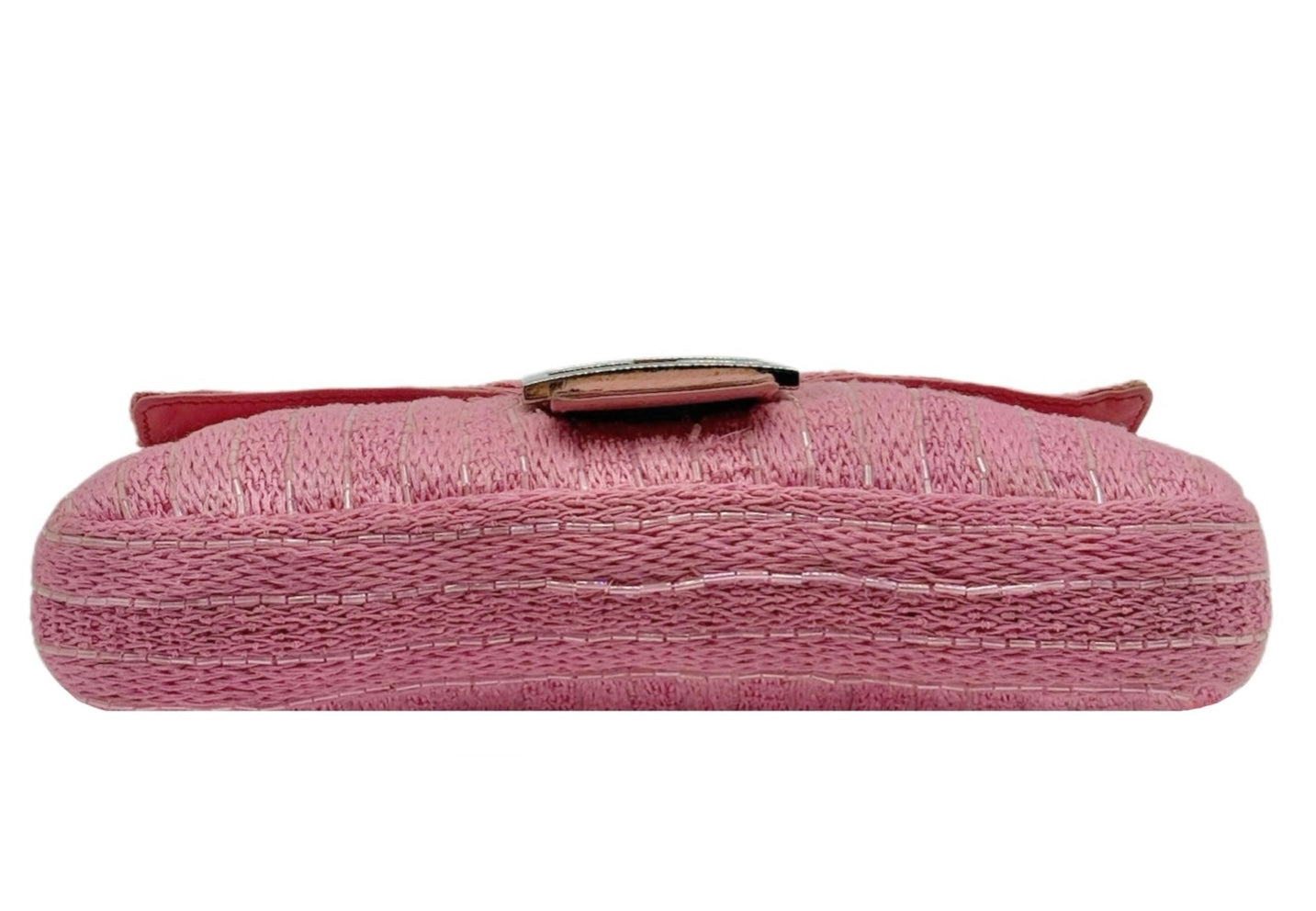 Fendi Vintage Pink Knit Silver Beaded Shoulder Baguette Bag w Cow Print Pony Hair Trim