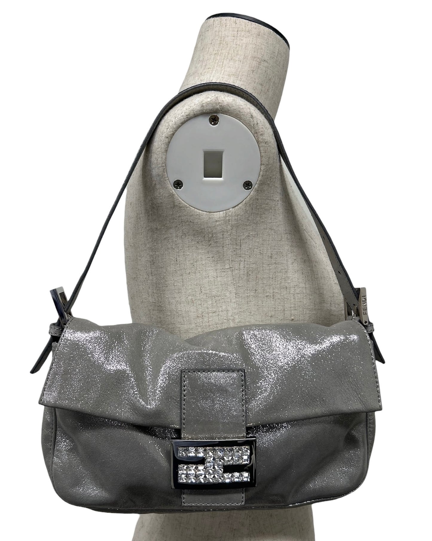 Fendi Vintage Metallic Silver Leather Crystal Logo Shoulder Baguette Bag