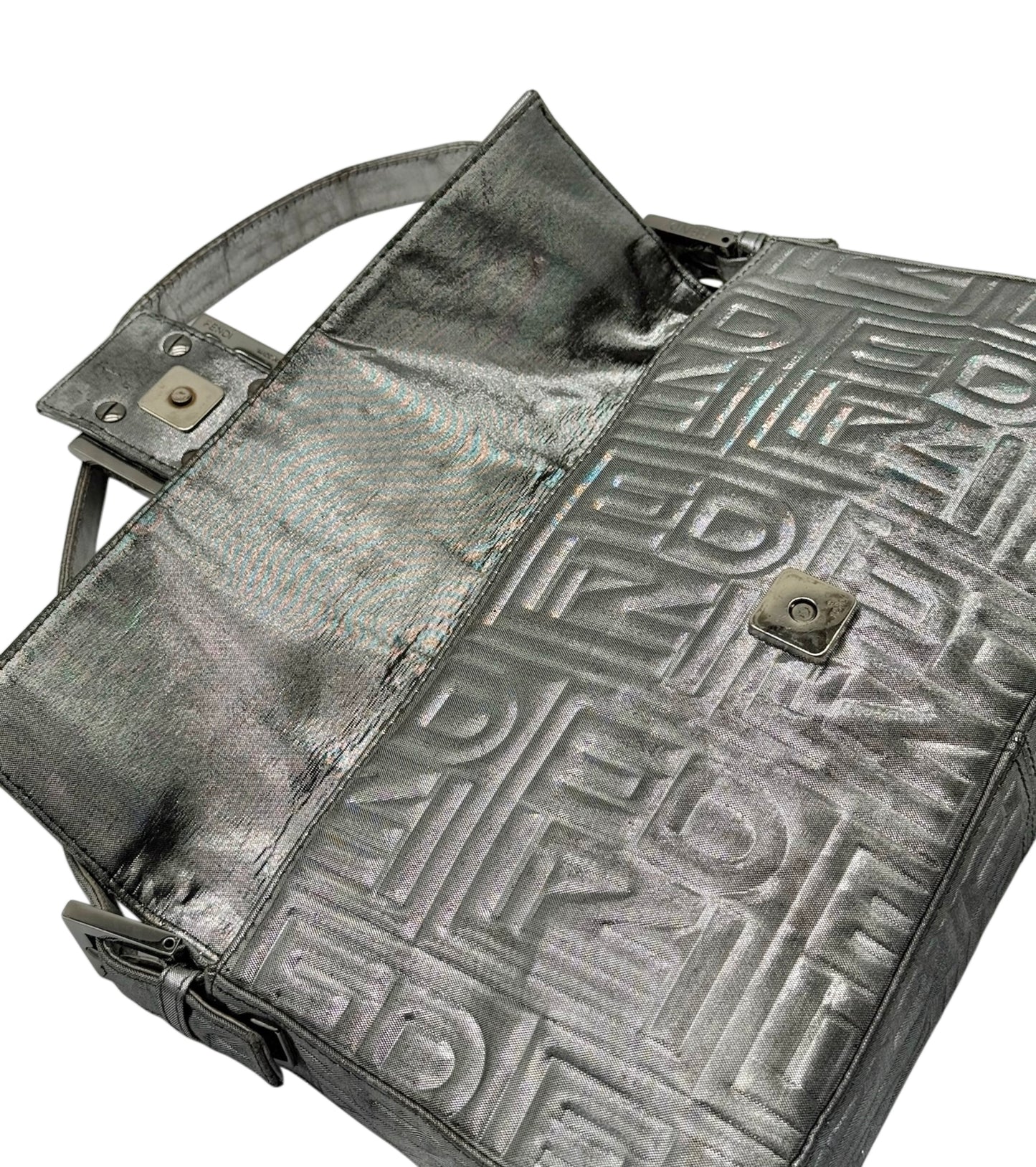 Fendi Vintage Metallic Silver Nappa Embossed Logo Mesh Shoulder Baguette Bag