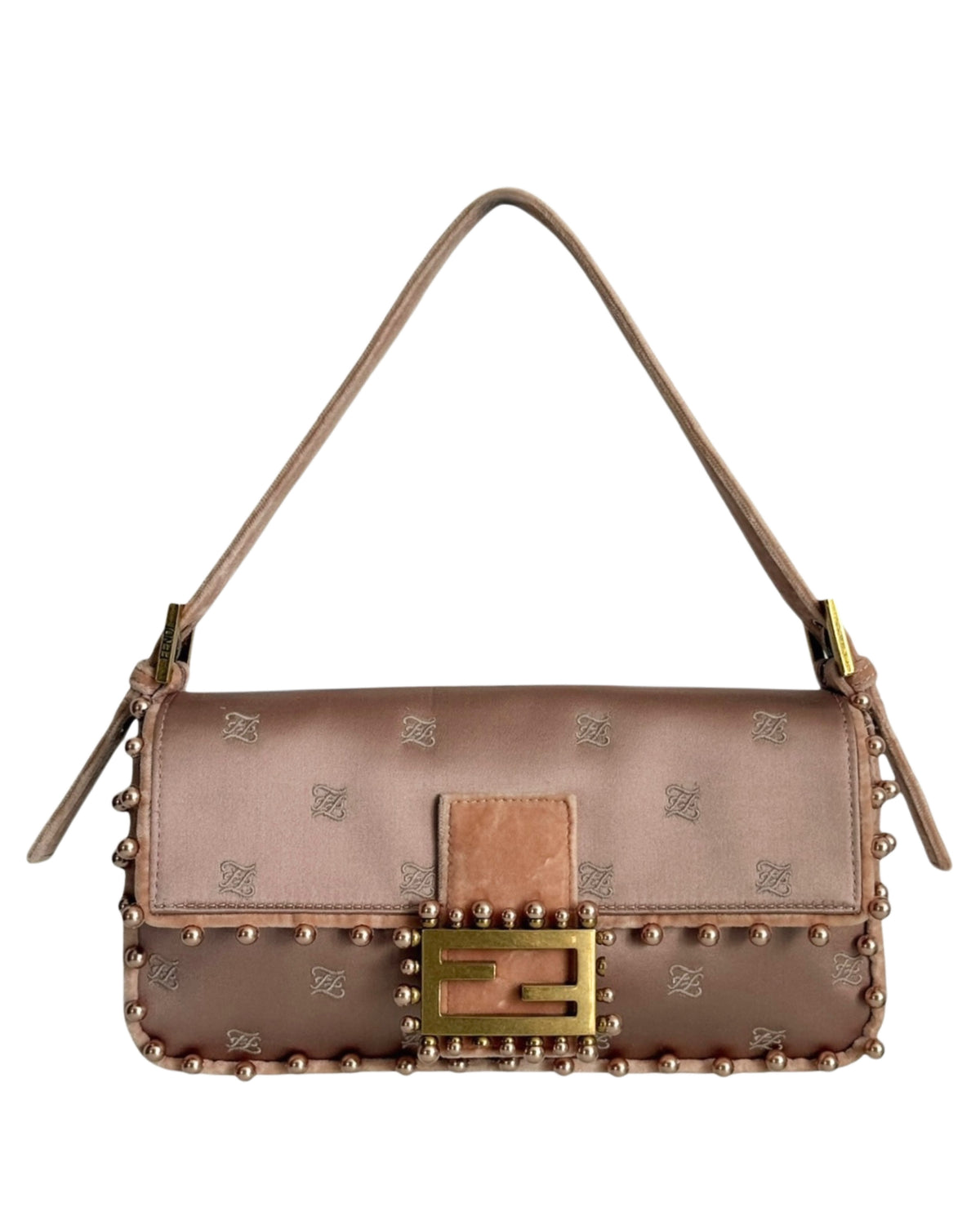 Fendi 1997 Re-Edition 25 Year Anniversary Blush Pink Embroidered Silk Logo Pearl Trim Shoulder Baguette Bag with Velour Trim