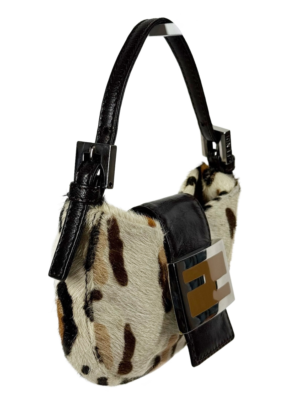 Fendi Vintage White Leopard Print Pony Hair Mini Croissant Baguette