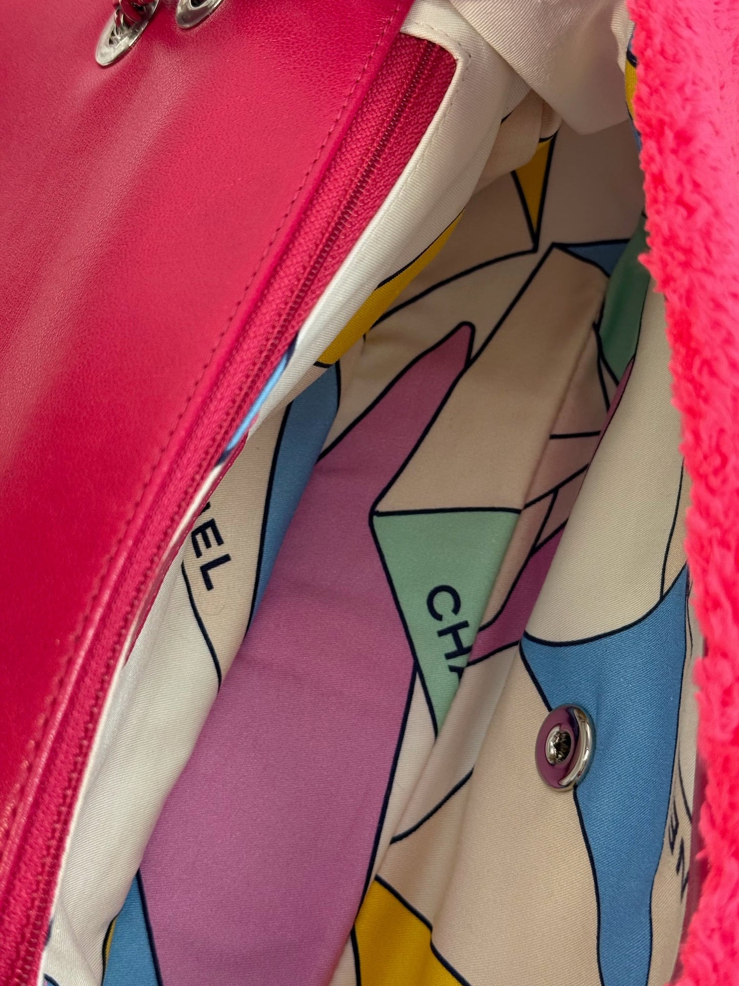 Chanel 2019 Neon Pink Terry Cloth Medium Shoulder Flap Bag