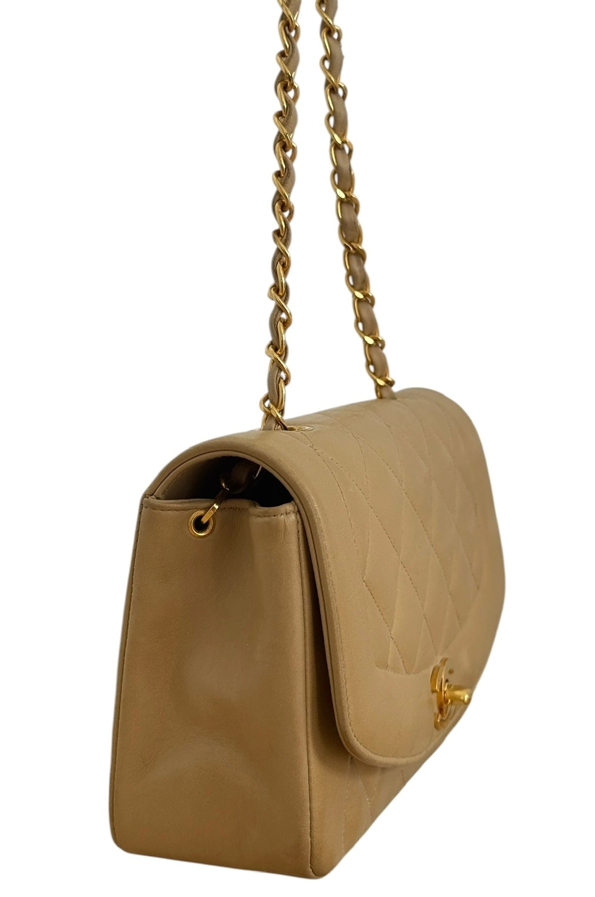 Chanel Vintage 90s Beige Quilted Lambskin Small Diana Classic Flap Bag with 24K GPHW