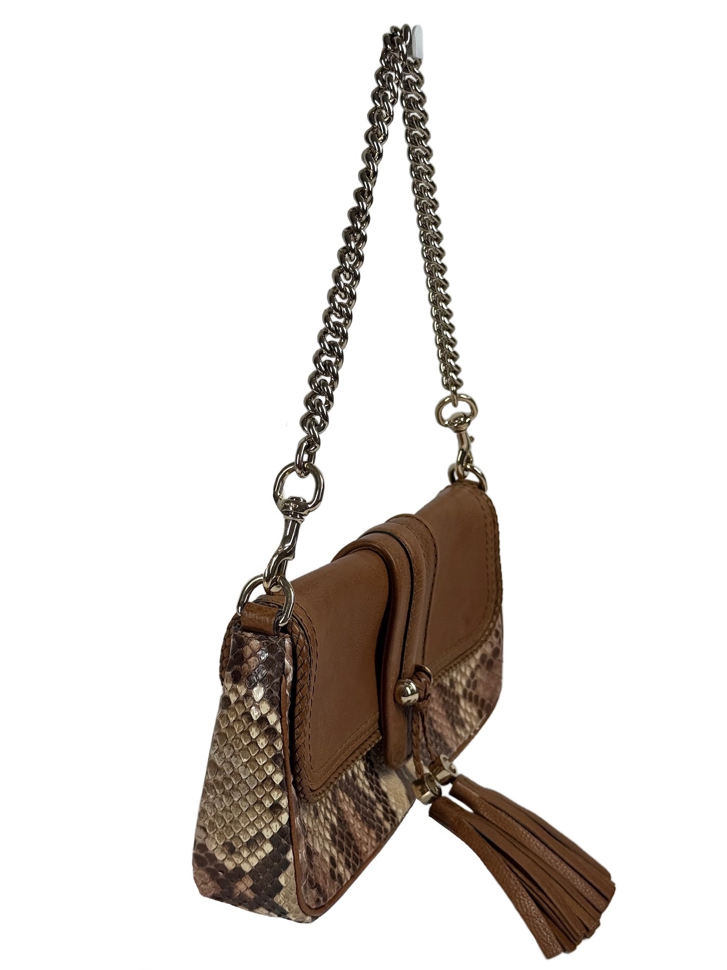 Gucci Vintage Honey Brown Leather Python Snakeskin Marrakech Chain Tassel Shoulder Clutch Pochette Bag