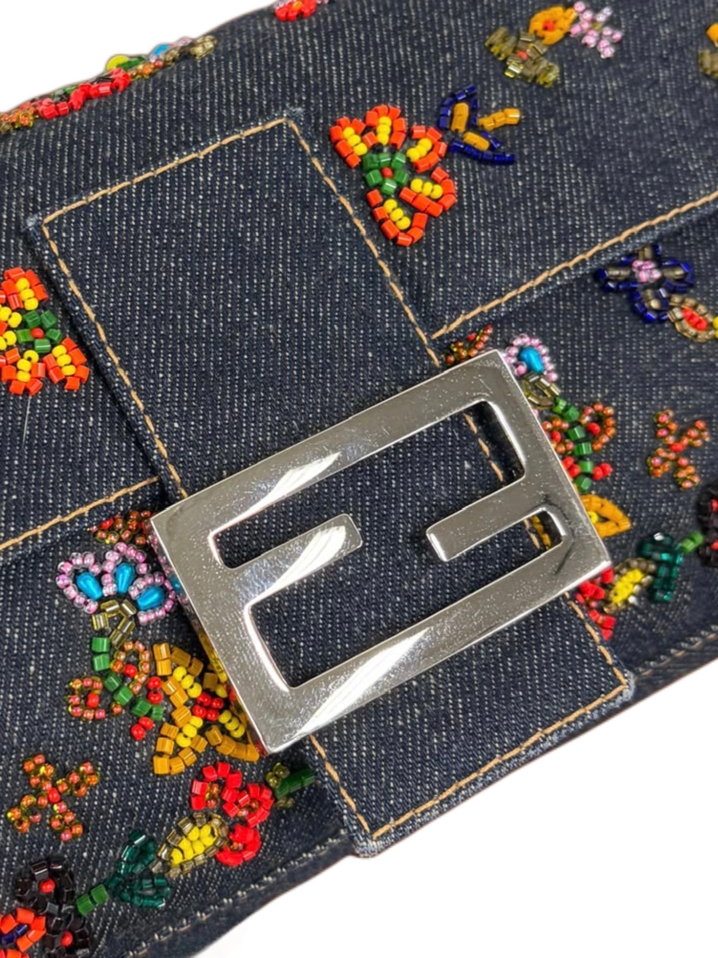 Fendi Vintage Blue Denim Floral Embroidered Beaded Shoulder Baguette Bag