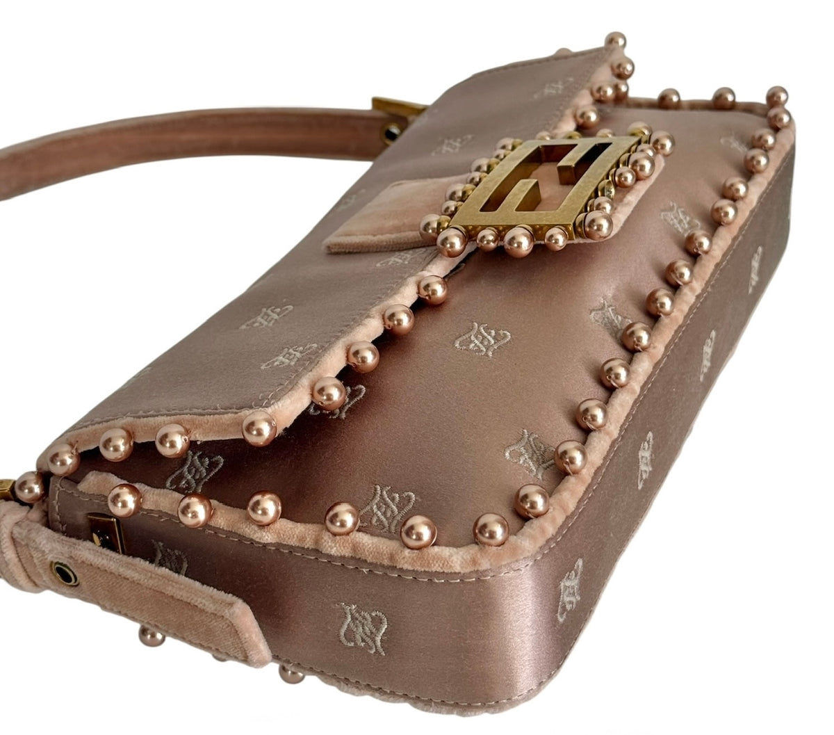 Fendi 1997 Re-Edition 25 Year Anniversary Blush Pink Embroidered Silk Logo Pearl Trim Shoulder Baguette Bag with Velour Trim