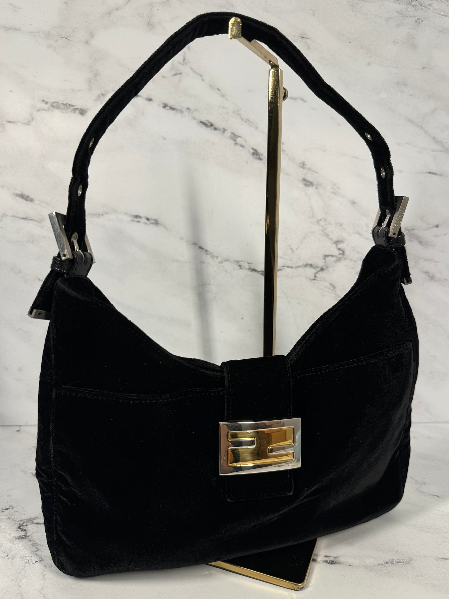 Fendi Vintage Black Velvet Mixed Metal Hardware Hobo Shoulder Baguette Bag