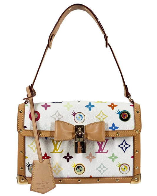 Louis Vuitton Vintage 2003 Takashi Murakami Multicolor Monogram Blanc / White Eye Miss You Bow Shoulder Pochette Bag — No. 0164