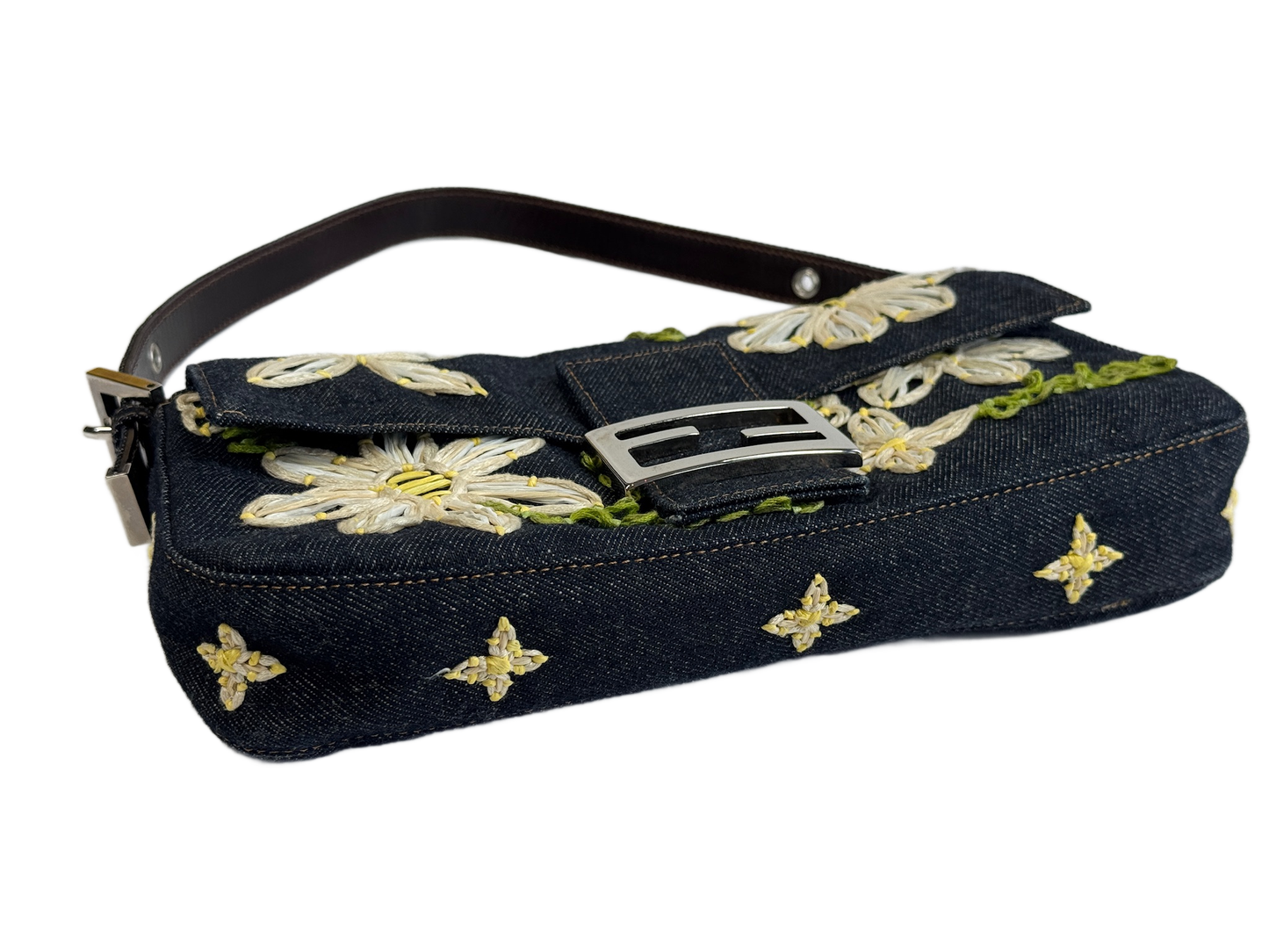 Fendi Vintage Blue Denim Floral Embroidered Baguette Shoulder Bag