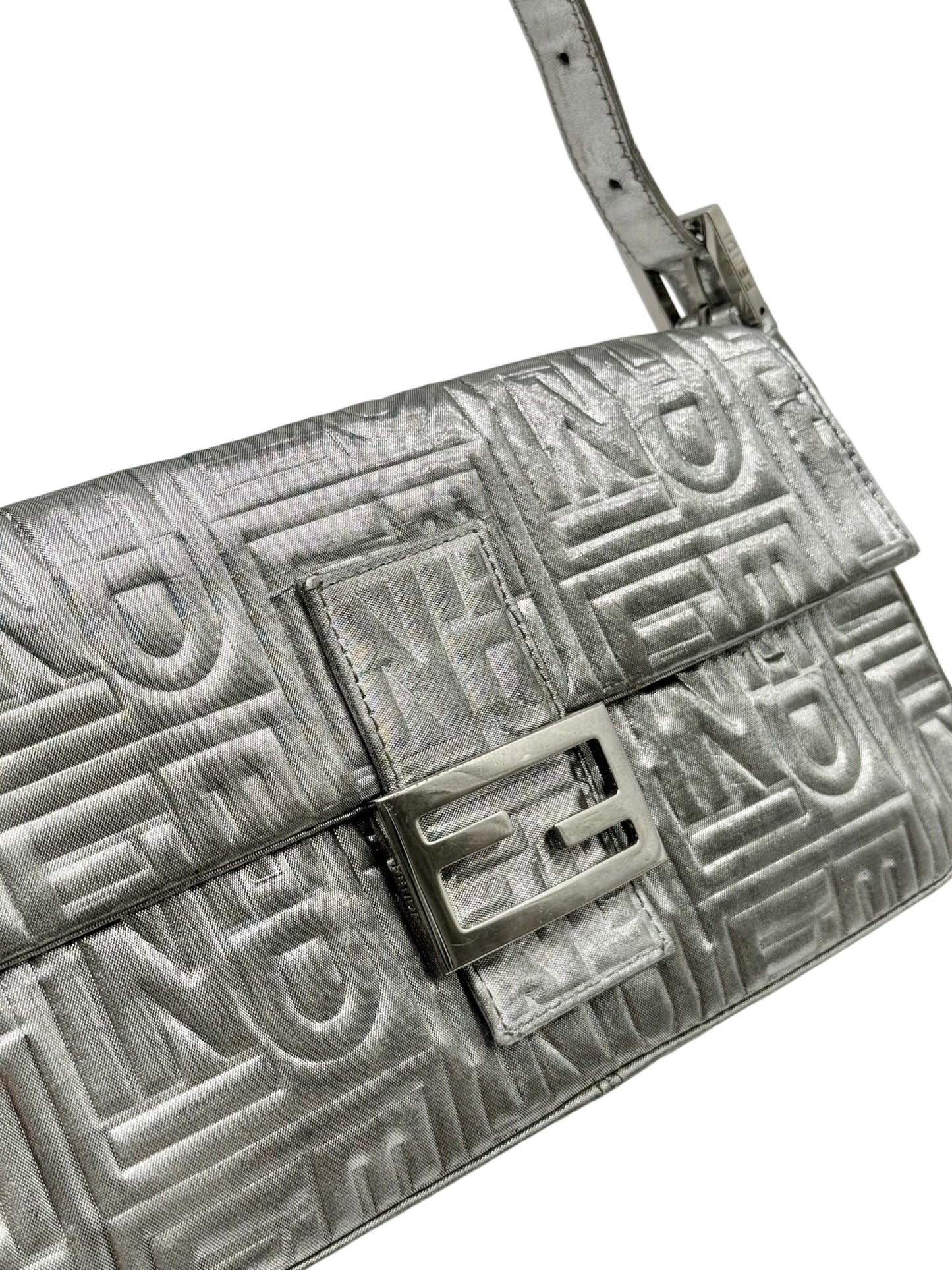 Fendi Vintage Metallic Silver Nappa Embossed Logo Mesh Shoulder Baguette Bag