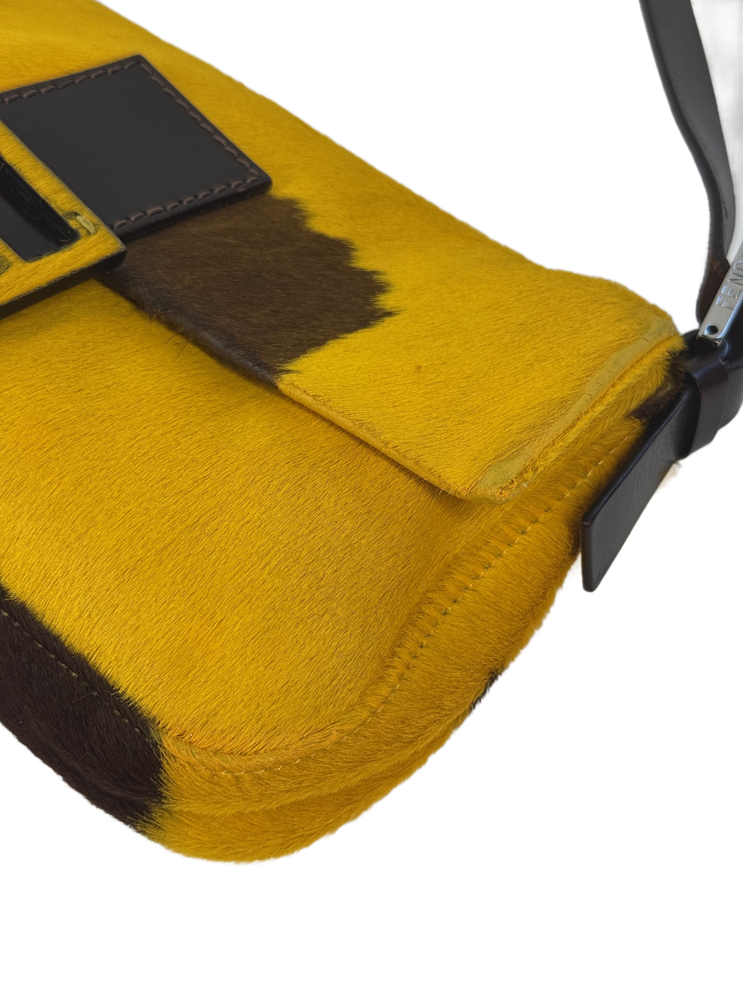 Fendi Vintage Yellow & Brown Cow Print Pony Hair Shoulder Baguette Bag