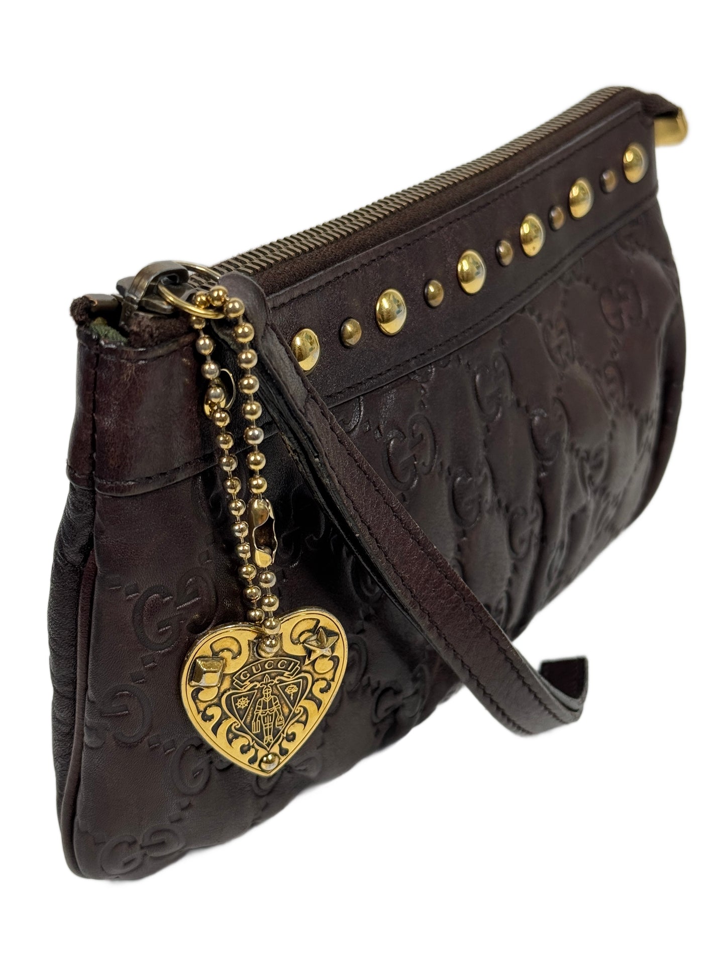 Gucci Vintage Brown Embossed GG Guccissima Monogram Leather Babouska Wristlet Clutch w Heart Charm