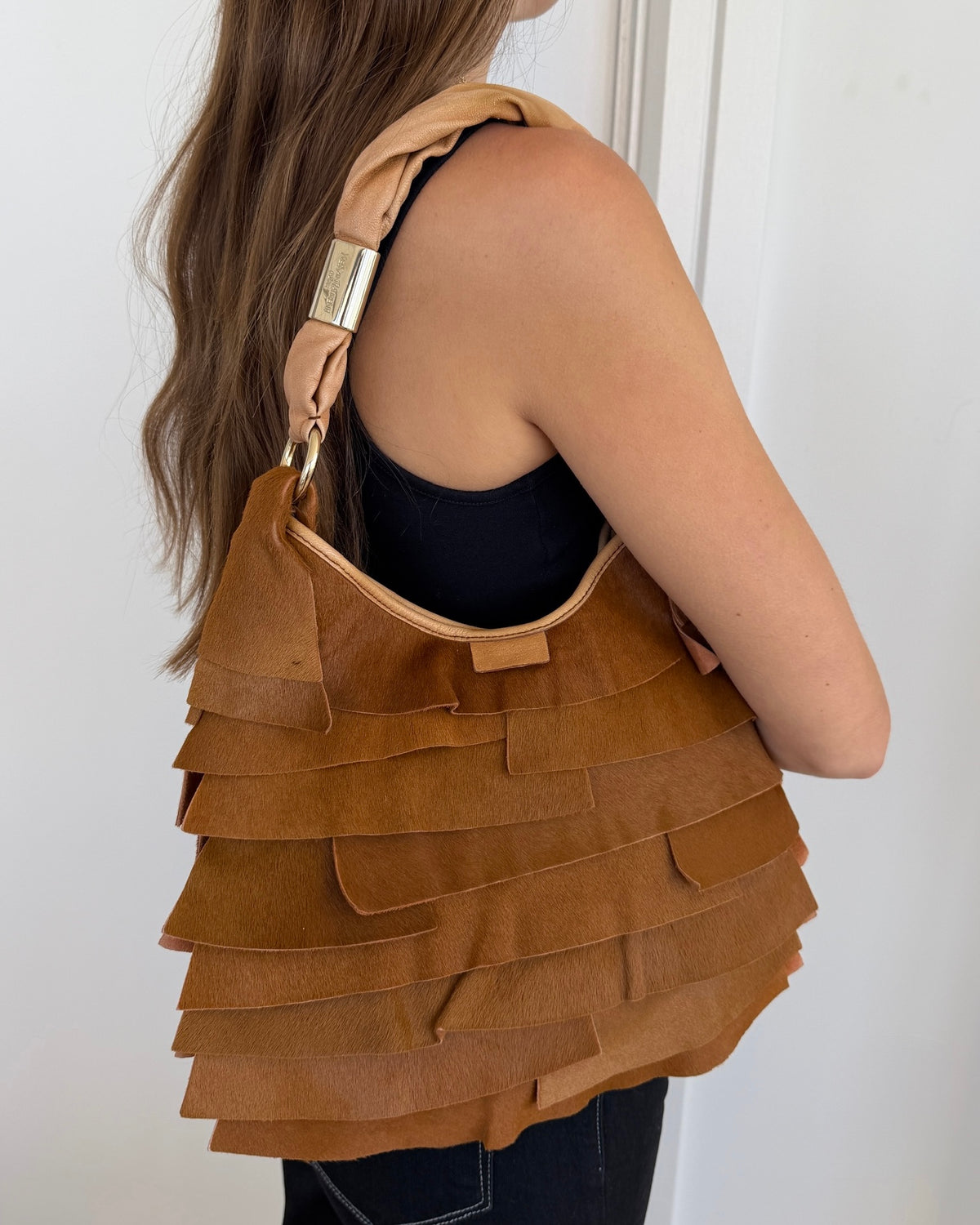 Yves Saint Laurent / YSL Vintage Light Brown Pony Hair Small St Tropez Ruffle Hobo Shoulder Bag
