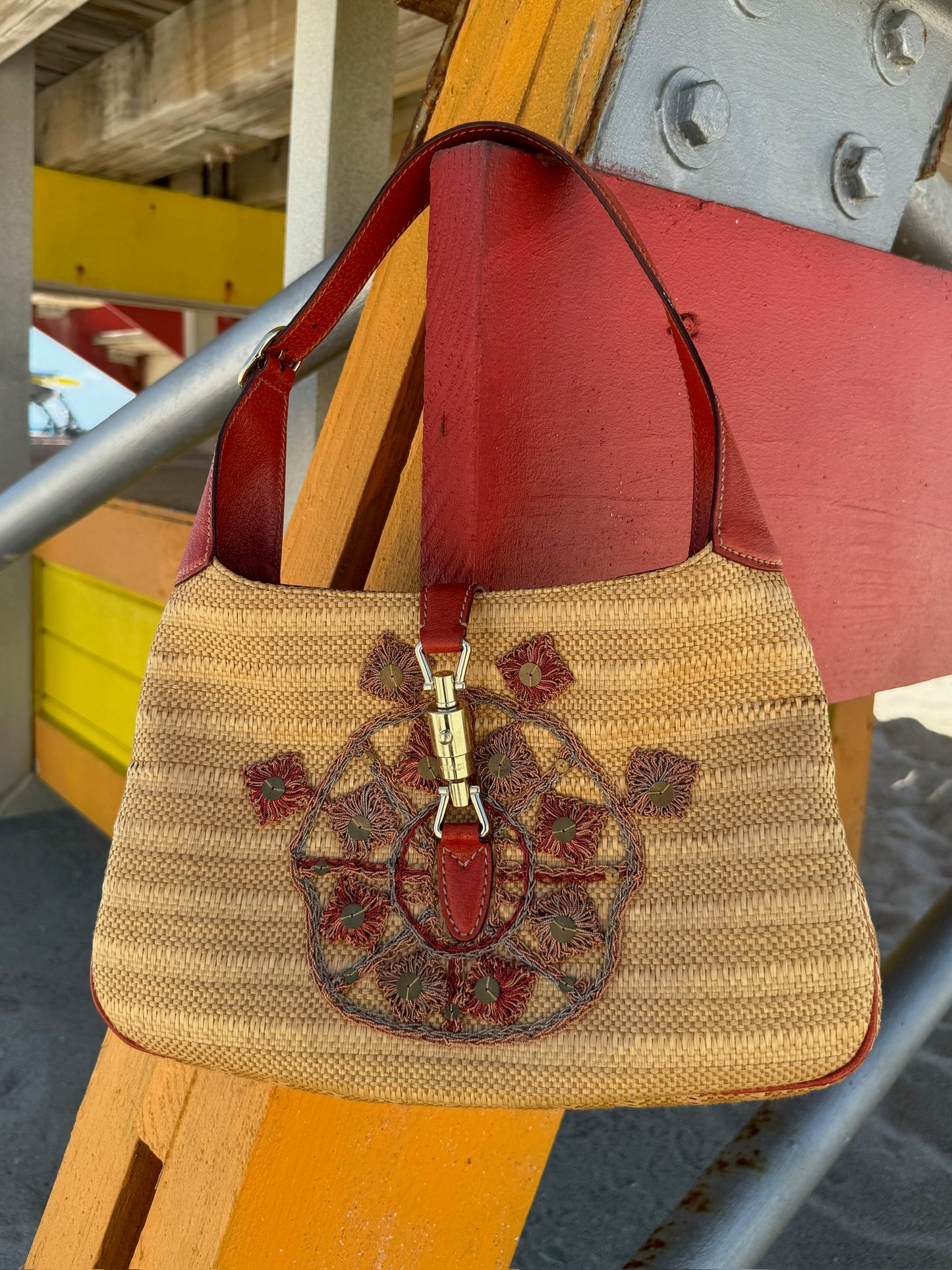 Gucci Brown Raffia & Red Leather Embellished Sequin Medium Jackie Hobo Shoulder Bag